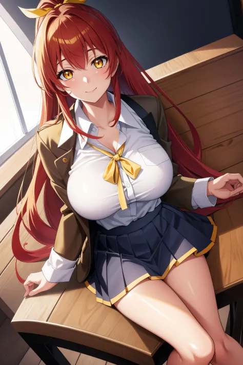 at the school,
sitting at attention,sitting on a chair,
brown_jacket,White collared shirt, Green_pleated_skirt,school uniform,  red ribbon, 
yoko littner, hair between eyes, hair ornament, high ponytail, (large breasts:1.2), long hair, red hair, sidelocks,...