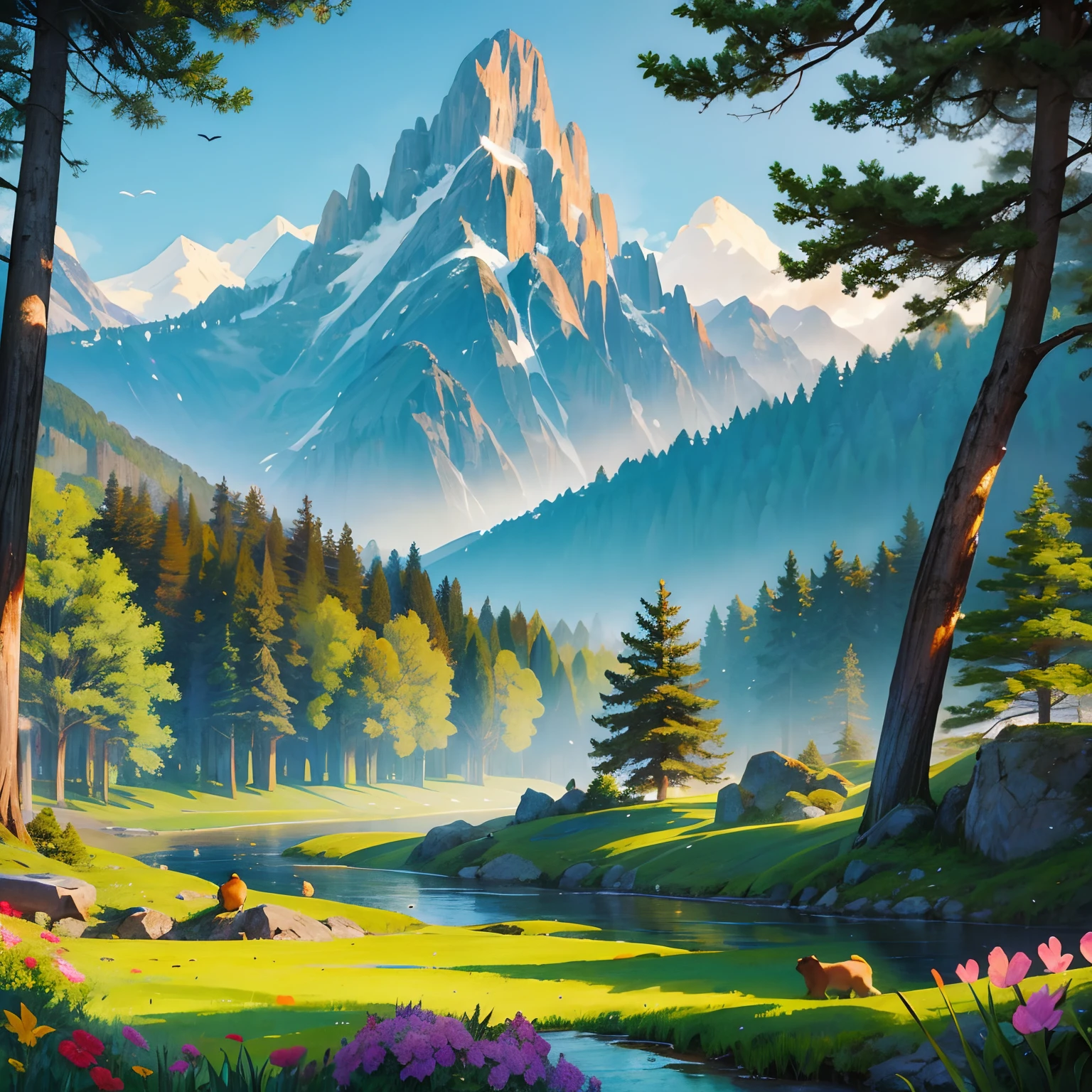 Forest of giant trees, birds flying in the sky, bears walking in the ground, colorful flowers, tall grass, river running on the right side, mountains in the distant background, scenery, dynamic lighting, high contrast, highlights