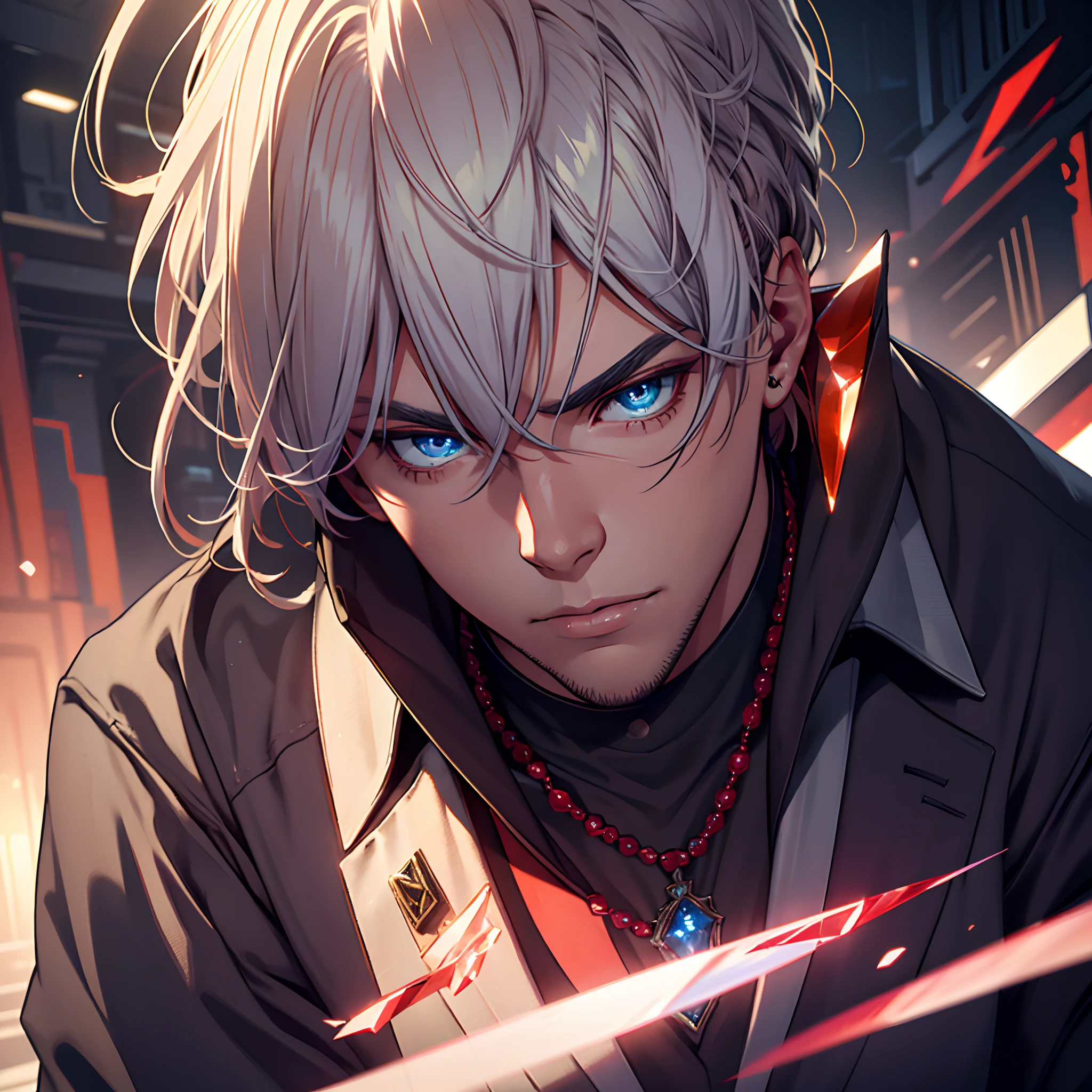 (best quality,realistic lighting,ultra-detailed),young man,vibrant blue eyes,white hair,serious expression,necklace with a bright red gemstone,fine details,vivid colors,full body