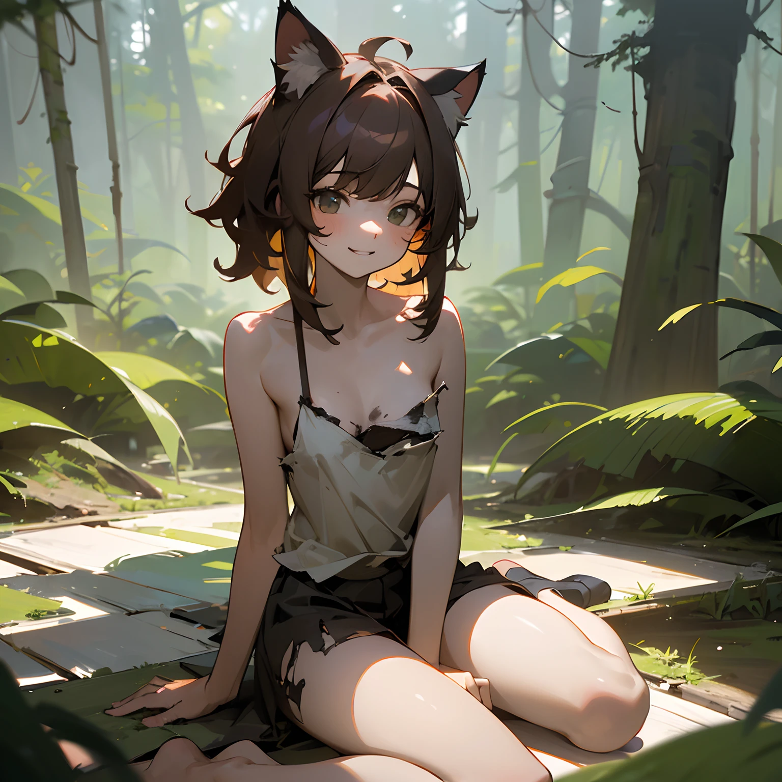 Anime girl sitting on the ground in the woods with her cat ears up - SeaArt  AI