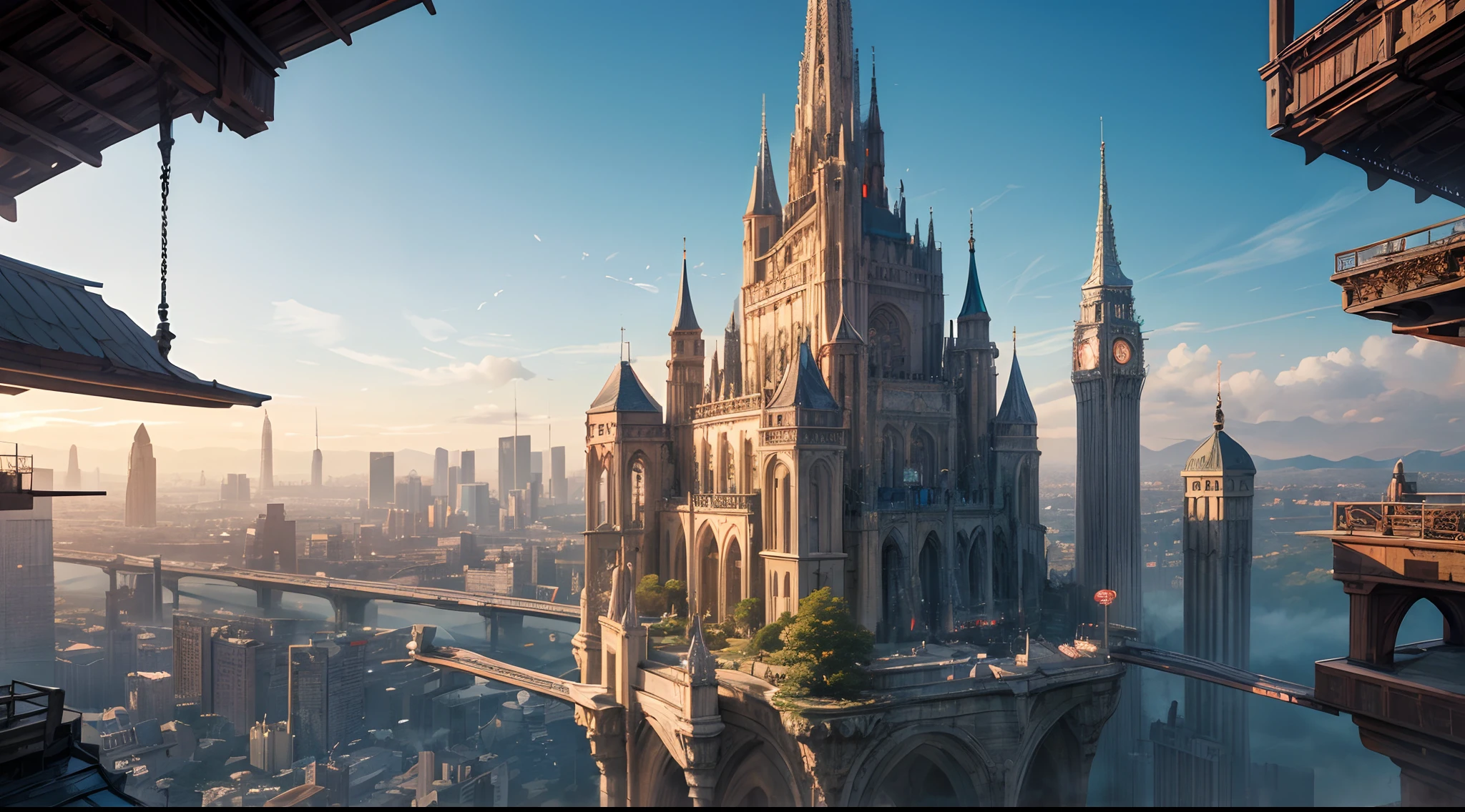 (best quality,4k,8k,highres,masterpiece:1.2),ultra-detailed,(realistic,photorealistic,photo-realistic:1.37),huge castles,skyscrapers floating in the sky,utopia,top quality fantasy,cyberpunk isekai,giants waterfall,mother nature,unimaginable,unbelievable,virtual reality,oasis of serenity,colorful neon lights,futuristic technology,vibrant cityscape,awe-inspiring architecture,unlimited possibilities,mesmerizing view,ethereal atmosphere,enchanting environment,majestic structures,thousands of feet high,sparkling clear water,breathtaking scenery,transcendent beauty,surreal landscape,architectural marvels,wonder of nature,harmony between man and nature,limitless imagination,urban paradise,dream-like setting,unrealistically magnificent,picture-perfect moments,serene tranquility,spellbinding aesthetic,awe-inducing skyline