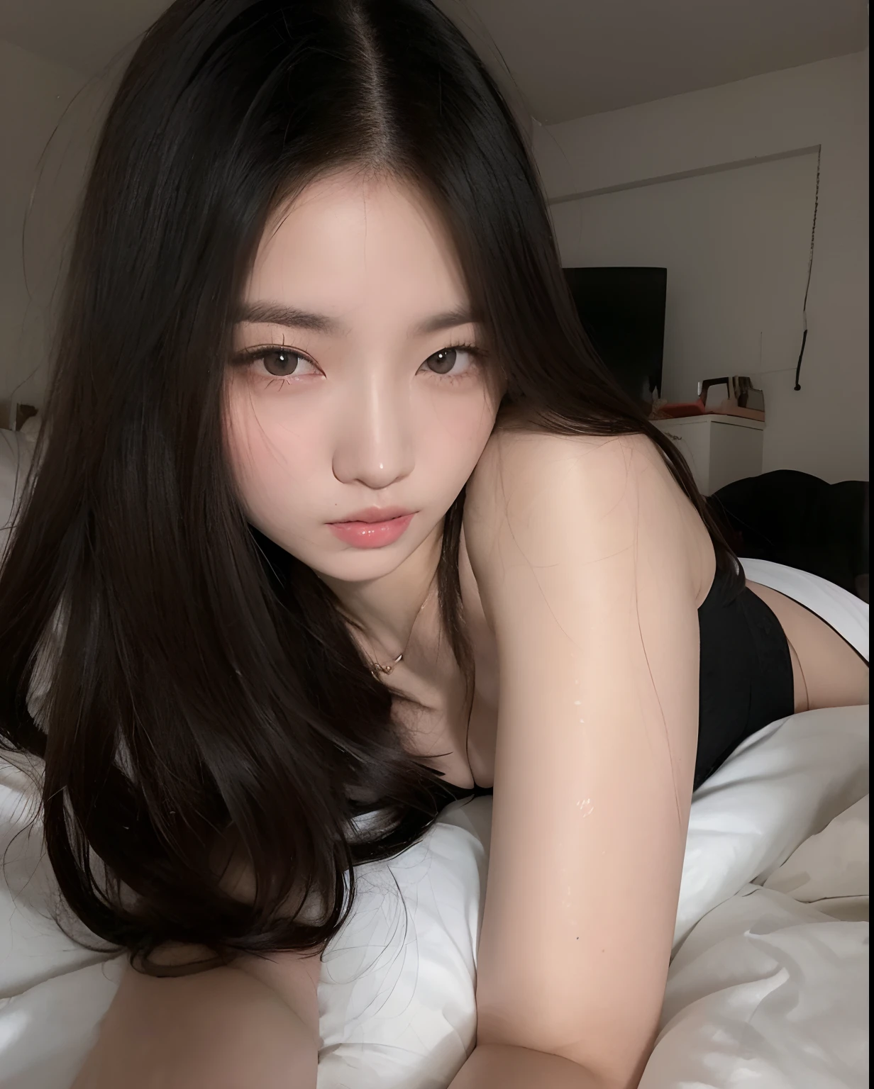 Araffe Asian woman with black hair and 32 inch size breasts posing for a photo, pale milky white porcelain skin, xintong chen, ulzzang, wenfei ye, pale porcelain white skin, 32 inches size breasts, pale snow white skin, korean girl, Chengyou Liu, gorgeous chinese model, instagram model, xision wu,  Chinesa, Heonhwa Choe, 🤤 portrait of , well done makeup, eyes locked, rosto angelical.