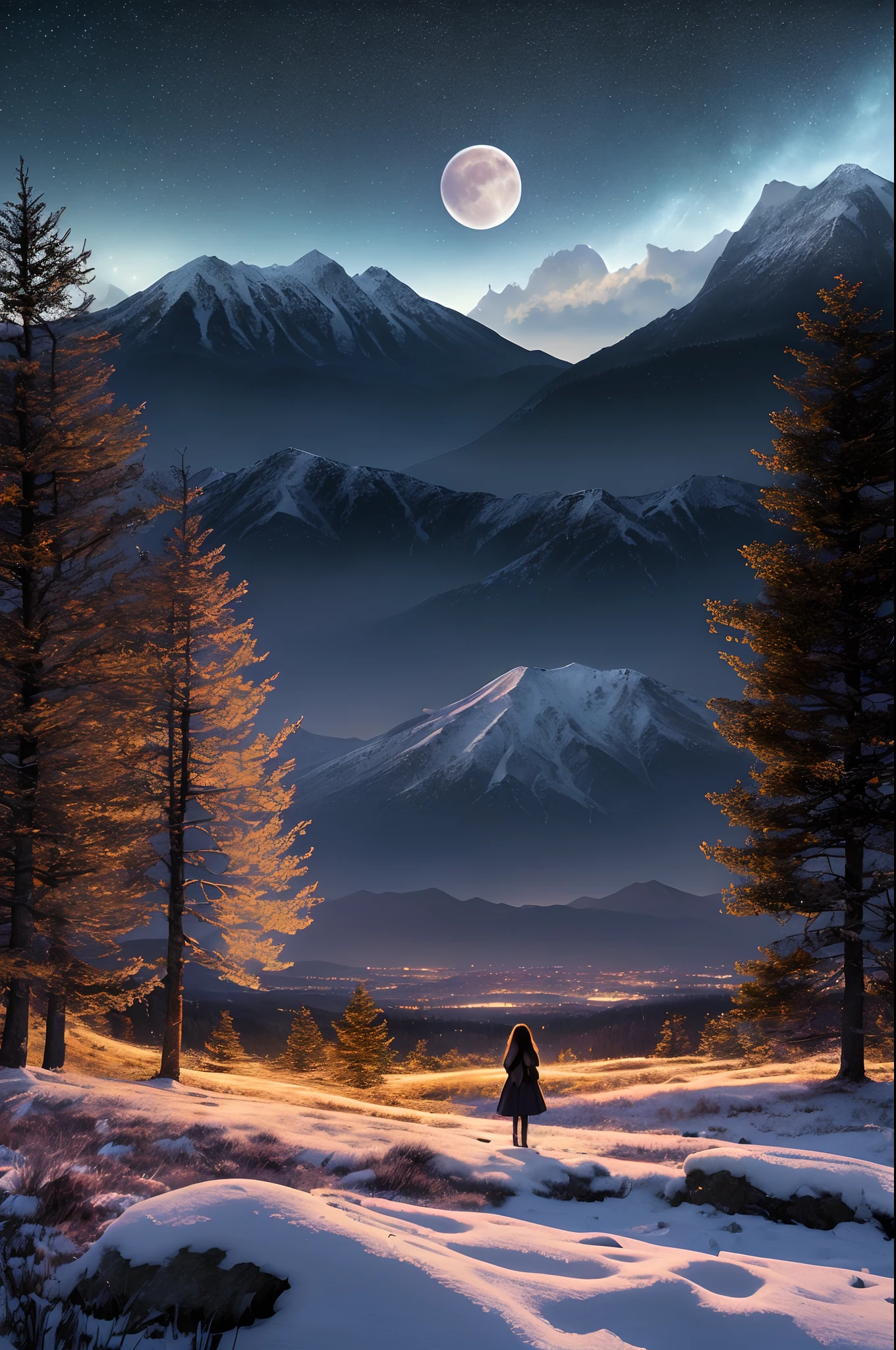 A wide landscape photo, (viewed from below, the sky is above, and the open field is below), a girl standing on a flower field looking up, (full moon: 1.2), (meteor: 0.9), (nebula: 1.3), distant mountains , Trees BREAK Crafting Art, (Warm Light: 1.2), (Firefly: 1.2), Lights, Lots of Purple and Orange, Intricate Details, Volumetric Lighting BREAK (Masterpiece: 1.2), (Best Quality), 4k, Ultra Detailed, (Dynamic Composition: 1.4), Rich in Detail and Color, (Rainbow Color: 1.2), (Glow, Atmospheric Lighting), Dreamy, Magical, (Solo: 1.2), girl stands with her back to the viewer, (masterpiece:1.2, best quality:1.2), nature, stars, moon, landscape background, warm light, sunrise, forest, shadows, contrast, constellations, landscape,water,(extremely detailed CG unity 8k wallpaper), most beautiful artwork in the world,professional majestic oil painting,intricate, High Detail, Sharp focus, dramatic, photorealistic painting art, octans, sky, star (sky), scenery, starry sky, night, 1girl, night sky, solo, outdoors, signature, building, cloud, milky way, sitting, tree, long hair, city, silhouette, cityscape, Vast and majestic skyline、The big sky occupies two-thirds of the photo、Girls and boys in casual clothes sitting side by side in the meadow、There is a deserted Japan city in the distance, Snowy mountain night with snowy coniferous forest at the foot of the mountain。Full moon and many stars
Waiting to start