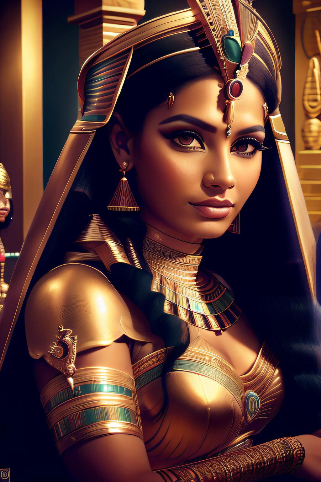 um close up de uma mulher usando um vestido dourado e um cocar dourado, cleopatra portrait, beautiful cleopatra, Egyptian Princess, Um retrato impressionante de uma deusa, cleopatra portrait, Retrato de uma bela deusa, cleopatrah, mulher linda, Egyptian, linda mulher bonita, Cleopatra in her palace, wearing an egyptian crown, Egyptian makeup, Retrato da deusa 3D, Retrato da princesa asteca