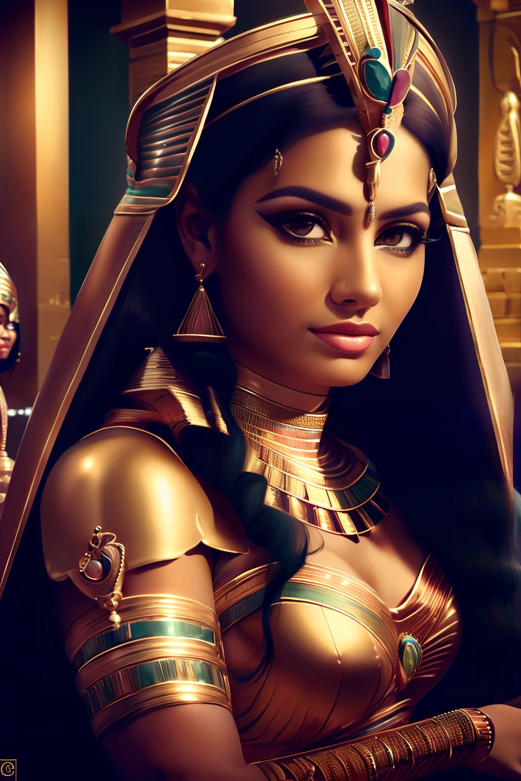 um close up de uma mulher usando um vestido dourado e um cocar dourado, cleopatra portrait, beautiful cleopatra, Egyptian Princess, Um retrato impressionante de uma deusa, cleopatra portrait, Retrato de uma bela deusa, cleopatrah, mulher linda, Egyptian, linda mulher bonita, Cleopatra in her palace, wearing an egyptian crown, Egyptian makeup, Retrato da deusa 3D, Retrato da princesa asteca