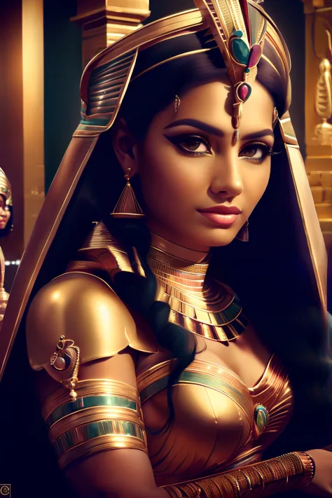 um close up de uma mulher usando um vestido dourado e um cocar dourado, cleopatra portrait, beautiful cleopatra, Egyptian Prince...