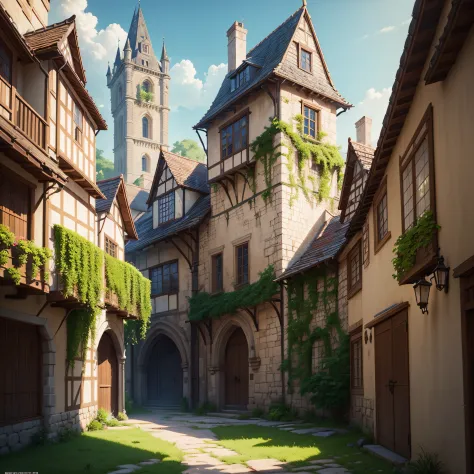 4K, Realistic, Very detailed, wide-angle lens, Moist medieval town, Vibrant, Fantastic plants, large home, Shinkai Makoto style, Anime Background, Concept art, (Characters are not displayed), Realistic lighting, epic composition, distracted, (masutepiece, ...