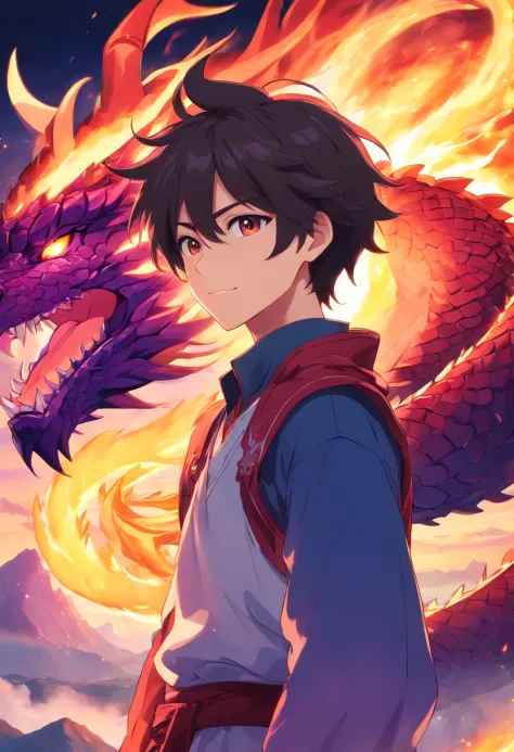 A boy, transformed into an anime style, with exaggerated unique facial features and dragon armour with Tatto on body, standing on a hill with black purple red fire aura , backlit background highlighting the subject, high-contrast colors, 4K high-definition...