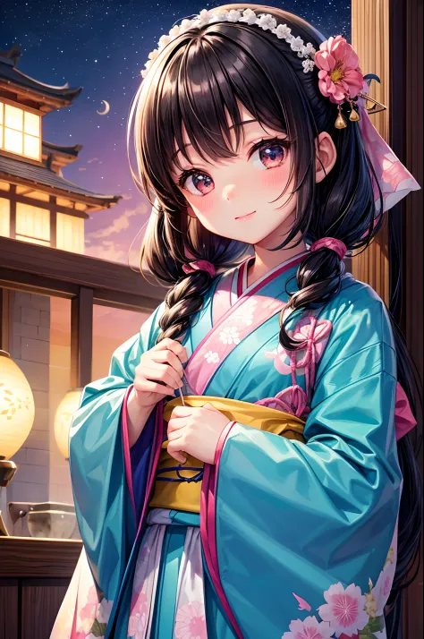 Best Quality、Little Girl、Very cute、Terena's face、poneyTail、Moon Night、Black hair、Schools、I want to blush、Staring at this、Wink、twinkling、Kimono、Serve tea
