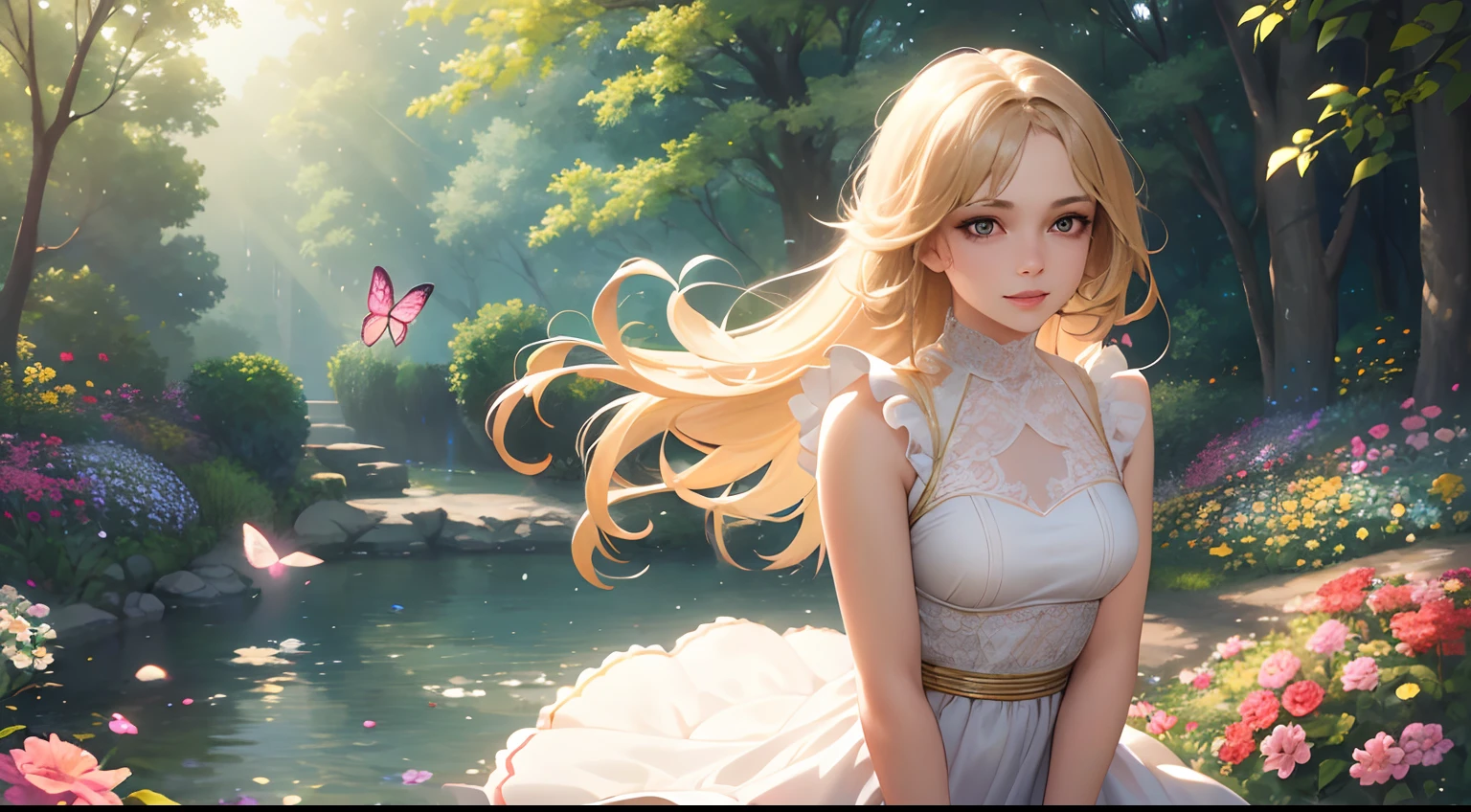 (best quality,highres,masterpiece:1.2), HDR, ultra-detailed, realistic:1.37, beautiful detailed eyes, beautiful detailed lips, extremely detailed eyes and face, long eyelashes, 1 girl, girl with a captivating smile, girl wearing a colorful dress, girl standing in a vibrant garden, flowers in full bloom, a variety of colorful flowers, butterfly dancing around the flowers, sun shining through the trees, gentle breeze rustling the leaves, soft and warm lighting, vivid colors, delicate petals, girl's hair flowing in the wind