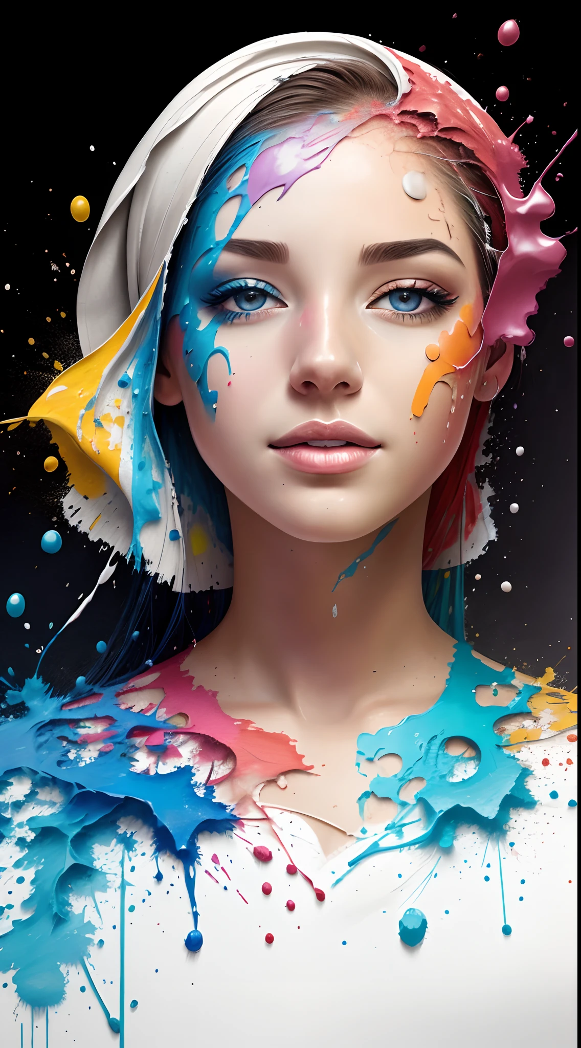 色鉛筆畫一個美麗女人的臉，上面濺著油漆，油漆滴落下來 --ar 4:5 --s 500