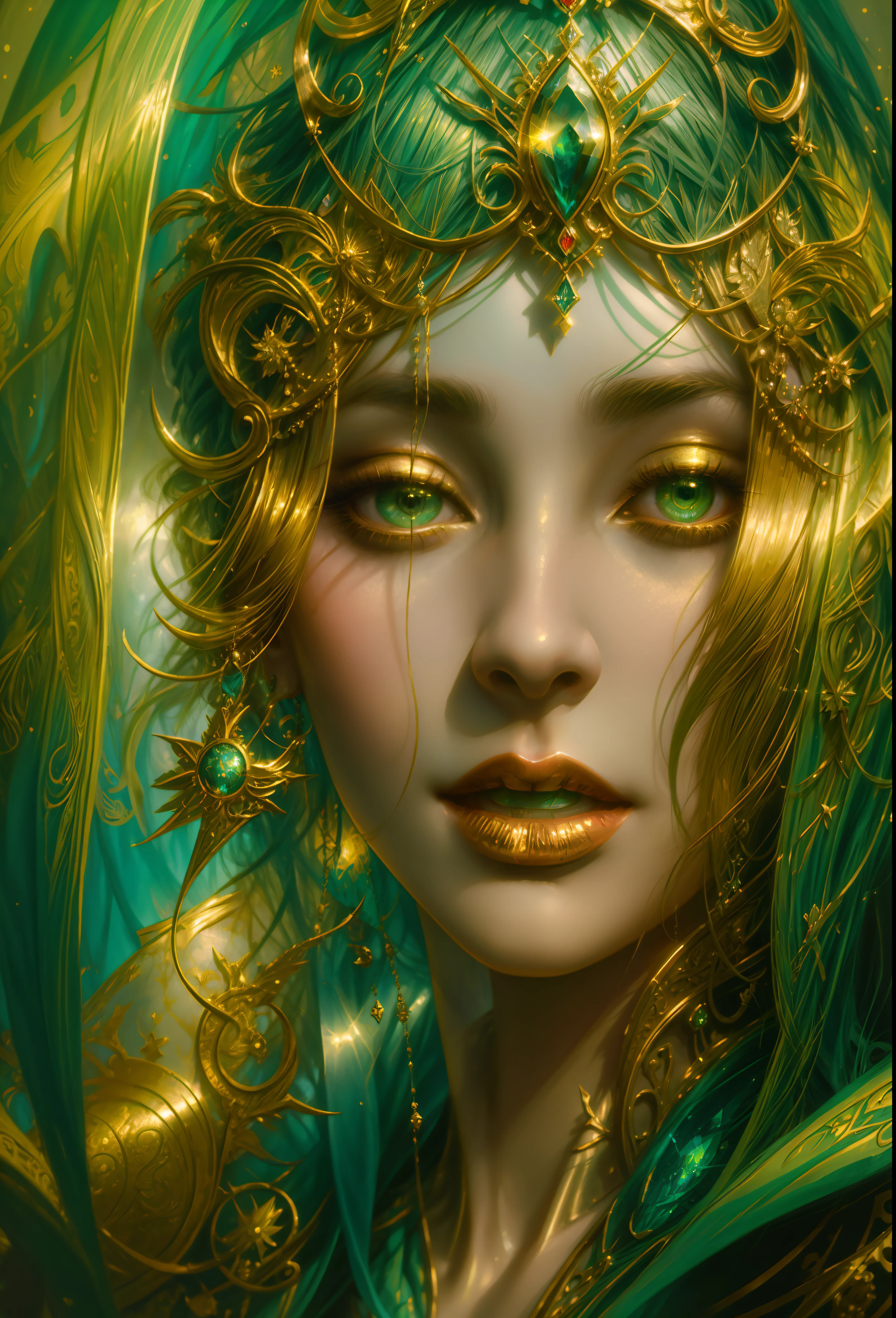 Arafed woman with a green scarf and gold jewelry, karol bak uhd, Karol Bak e Peter Mohrbacher, WLOP intrincado, Arte de fantasia hiperrealista, retrato de fantasia fosco detalhado, estilo de Karol Bak, retrato da arte da fantasia, mulher detalhada, arte do retrato da fantasia, Directed by: Karol Bak, retrato bonito da arte da fantasia, retrato da fantasia