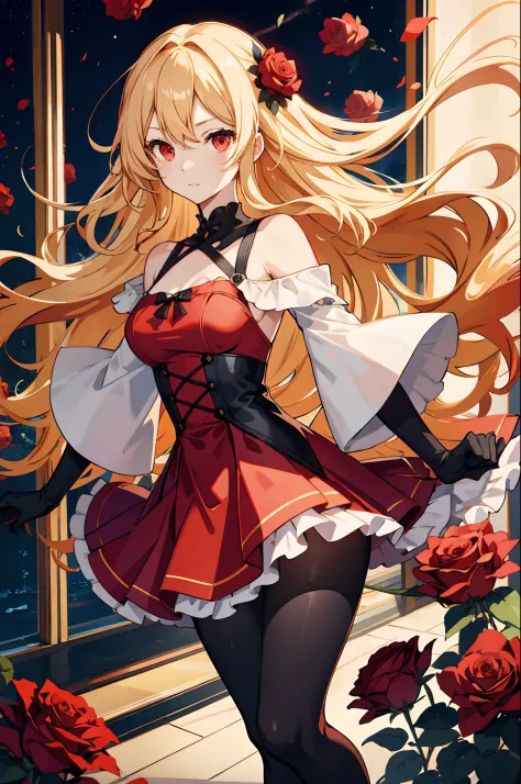 wavy blonde、red eyes、bright red dress、off shoulders、a miniskirt、black tights、surrounded by roses