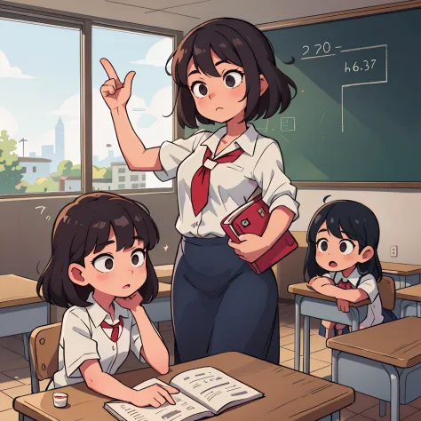 multipel Girls, elementary student, A dark-haired, school classrooms, You can see the entire classroom, Teacher stands at the pu...