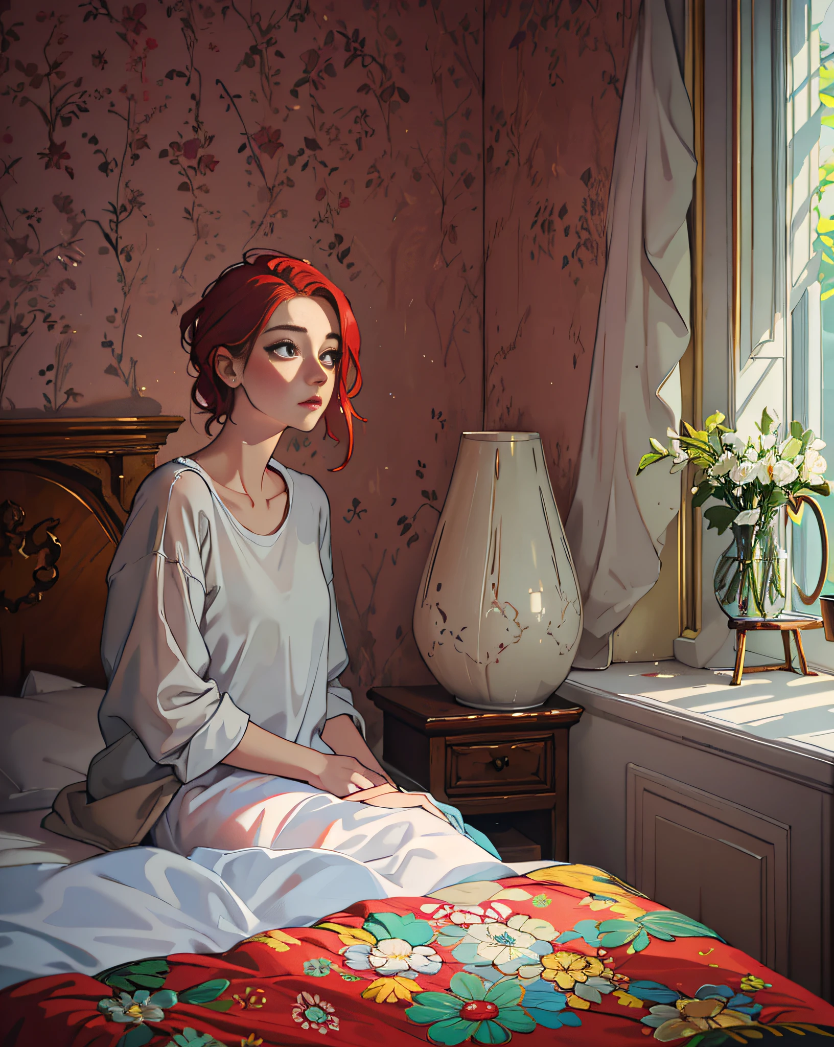 Inside a tranquil bedroom, a young woman with fair, white skin and vibrant red hair exudes a shy and kind personality. Her Norwegian appearance adds an element of mystery and allure. The photograph, taken with a Sony A1 and an 85mm F/1.4 lens, ISO 100, medium format, 45 megapixels, combines flash and natural sunlight to highlight her enchanting presence.