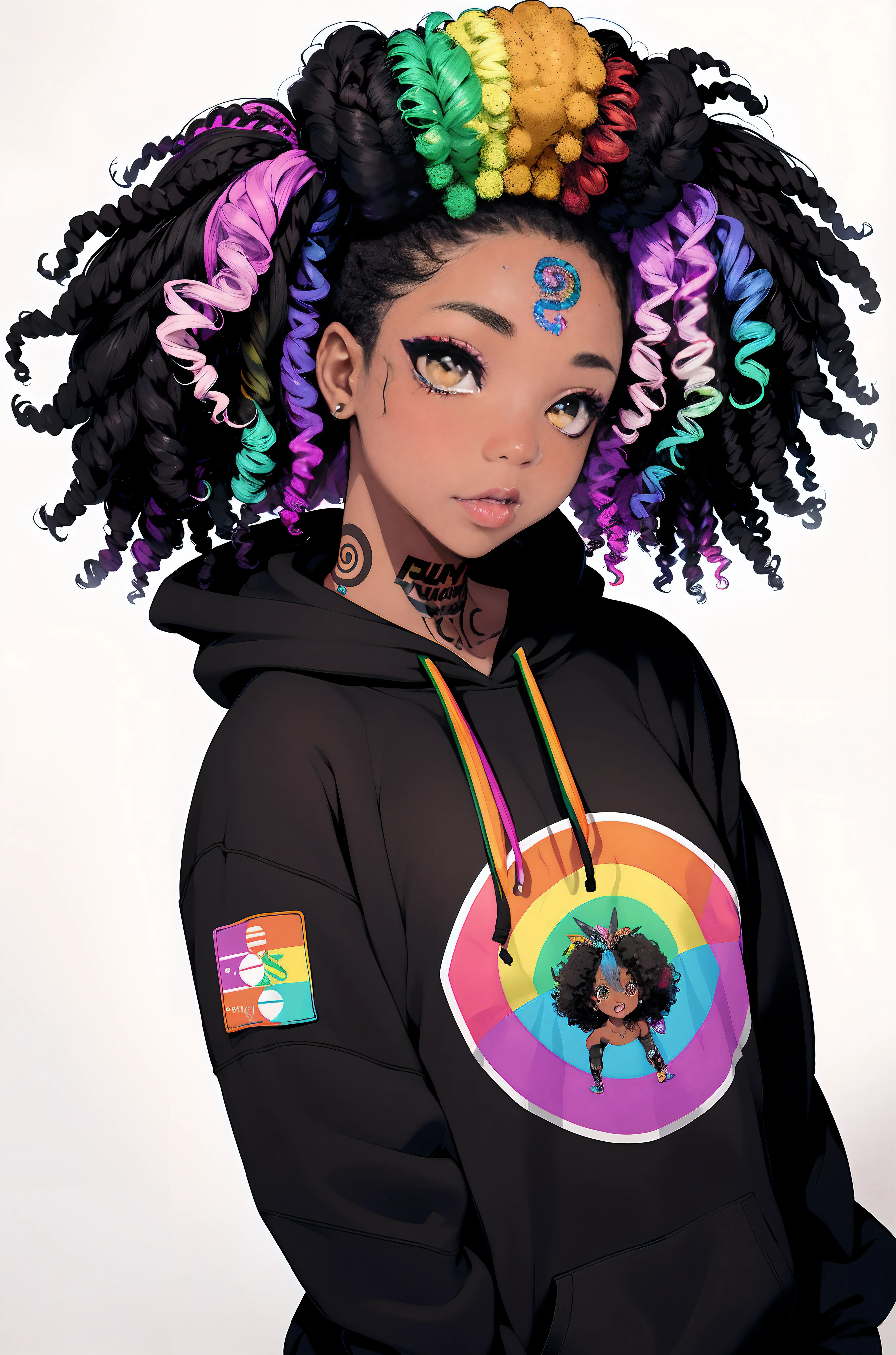 A woman with colorful hair and a hoodie with a rainbow design - SeaArt AI