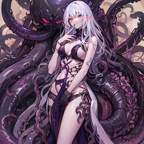 Undressed white hair evil goddess，Wearing black stockings。The Evil Goddess stretched out her tentacles，The tentacles stuffed a planet into the body of the goddess 。The evil goddess smiled sickly。