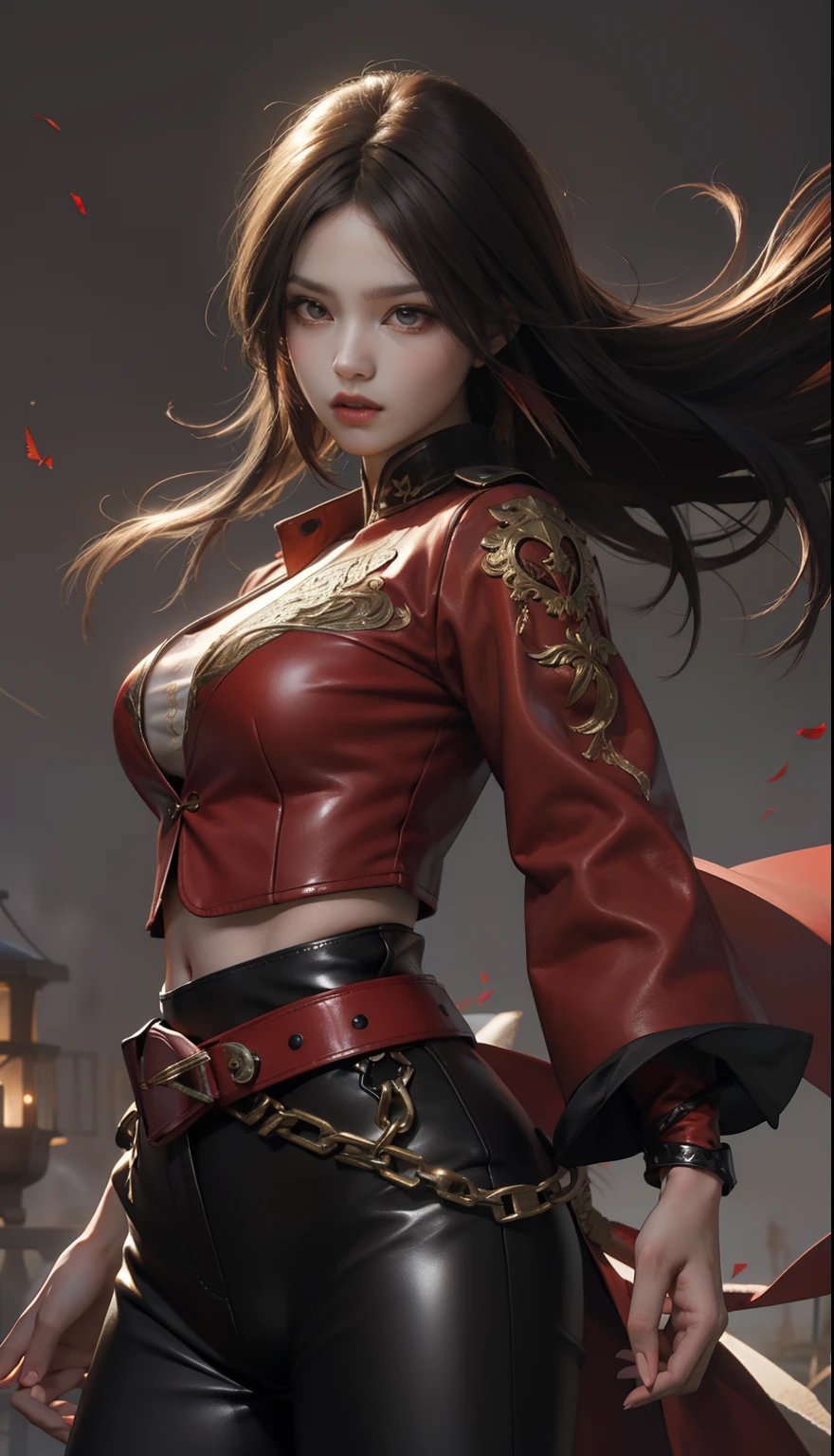穿红上衣和黑色紧身皮裤的女人, 她手持一把深红的剑、剑、戰鬥角色, 黑色头发上有红色挑染的长直发,头发在风中飘扬,锐眼、清澈的红眼睛、红色眼线笔、长睫毛, nffsw, 深红色服装, 每一个细节都精致地表现出逼真光滑的皮肤,真实再现肌肉纹理、精雕细琢的深红色长外套、大顽童月亮背景