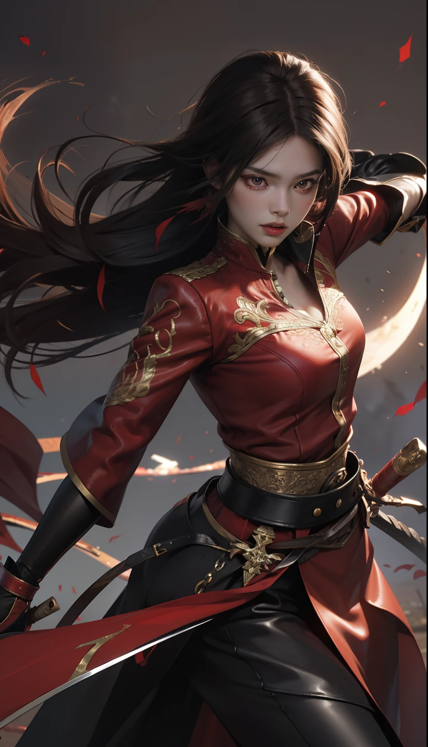 赤いトップスと黒いタイトな革パンツを着た女性, 彼女は真紅の剣を持っている、剣、戦闘描写、躍動感の表現、全身投影、バトルキャラクター, 黒髪に赤いハイライトを入れたロングストレートヘア,風になびく髪,鋭い目、はっきりとした赤い目、赤いアイライナー、長いまつ毛, んふふ, 深紅の衣装, 細部まで繊細に表現されたリアルなめらかな肌,筋肉の質感をリアルに再現、深紅をテーマにした精巧な装飾のロングジャケット、ビッグブラットムーン背景