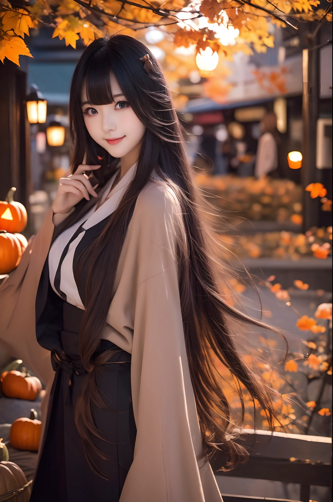 A Japanese Lady、Autumn outfit、In the city at dusk、Halloween atmosphere、a blond、a 20 yo woman、Extraordinary beauty、silky smooth long hair、Long bangs、Dating、Turn around and smile、Absolute Idol