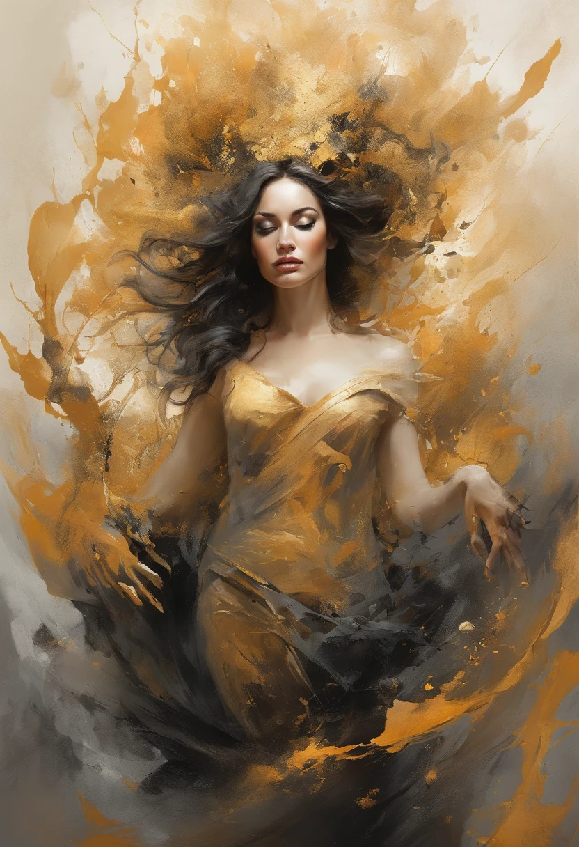 Estilo Modelshoot, Fantastic gold and black beams, tons de dourado, laranja e pastel, transmitir suavidade, (papel de parede CG unity 8k extremamente detalhado), chaotic storm of intricate liquid smoke in the head, beleza estilizada retrato abstrato de corpo inteiro, pele molhada, por petros afshar, Tran Ross, Tom Baleia, Pedro Mohrbacher, Artgerm, shattered glass, ((bubbly underwater scenery)) Highly detailed octane radiant light rendering ((Evil Aesthetics))