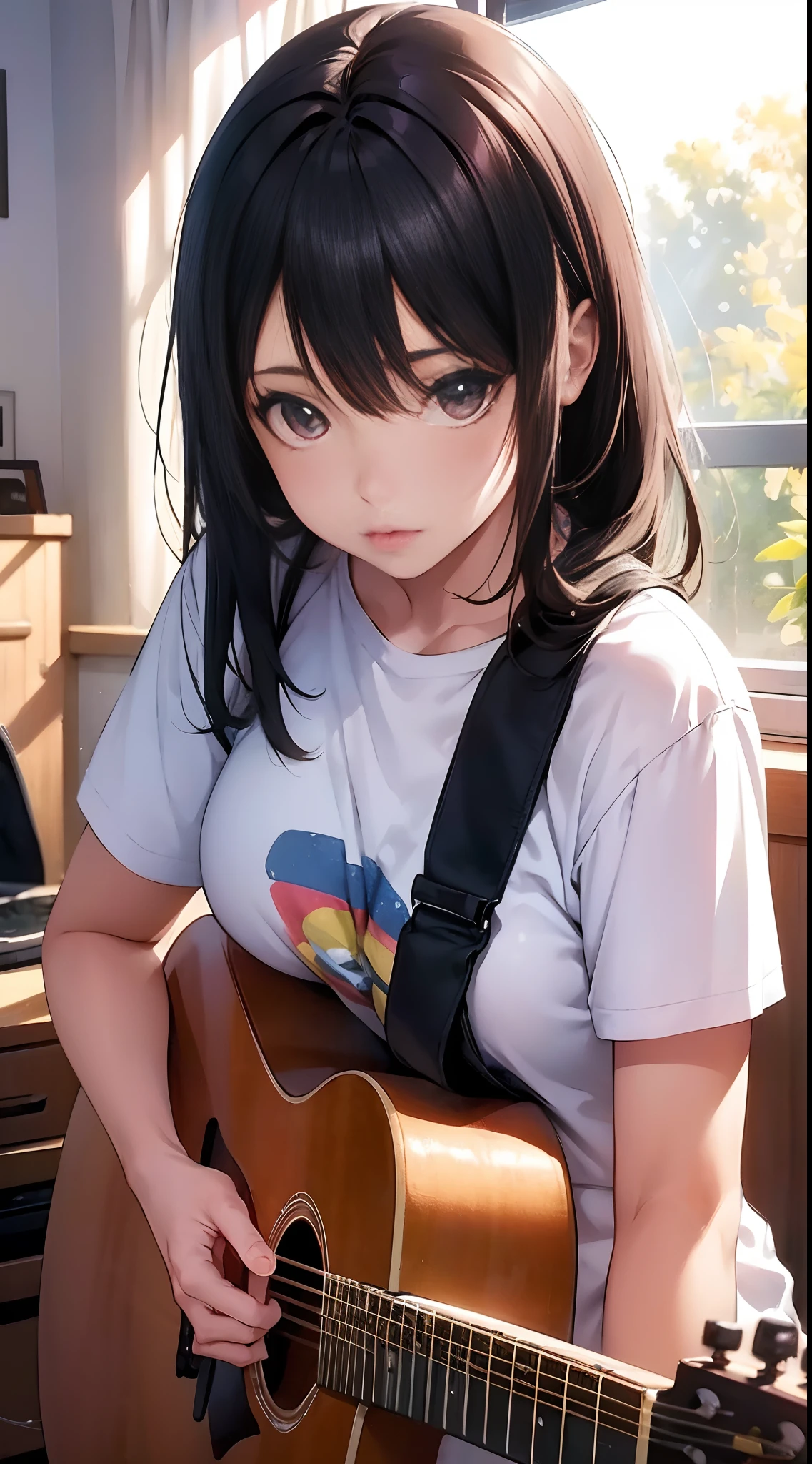 a girl in a messy room, playing guitar, with sunlight streaming in through the window, [illustration], [vibrant colors], [bokeh], (best quality, highres), [warm tones], [soft lighting], detailed eyes, detailed lips