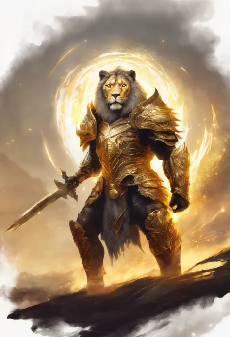 Luminous warrior spirit with golden armor and sword of light facing a lion