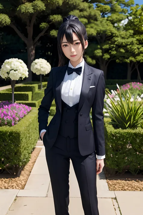 1girl, yukinoshita yukino, beautiful garden for a background , tailored tailcoat, standing one hand in her pocket, white pants, ...