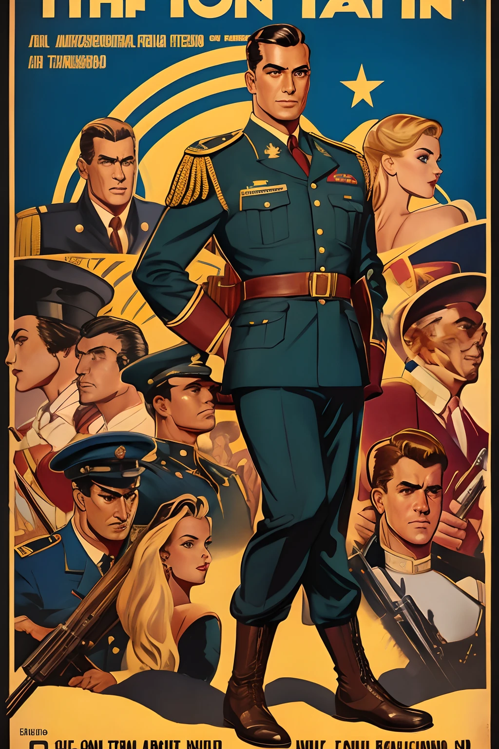 约翰·布西马的艺术灵感, 40 年代美国男人的复古海报,棕色短发, 黑眼睛, 修长的身材, 大肩膀, 穿着当时的传统军装, 第一营上尉, 好看, 大胆而聪明, 站起来, 全身在战争前线