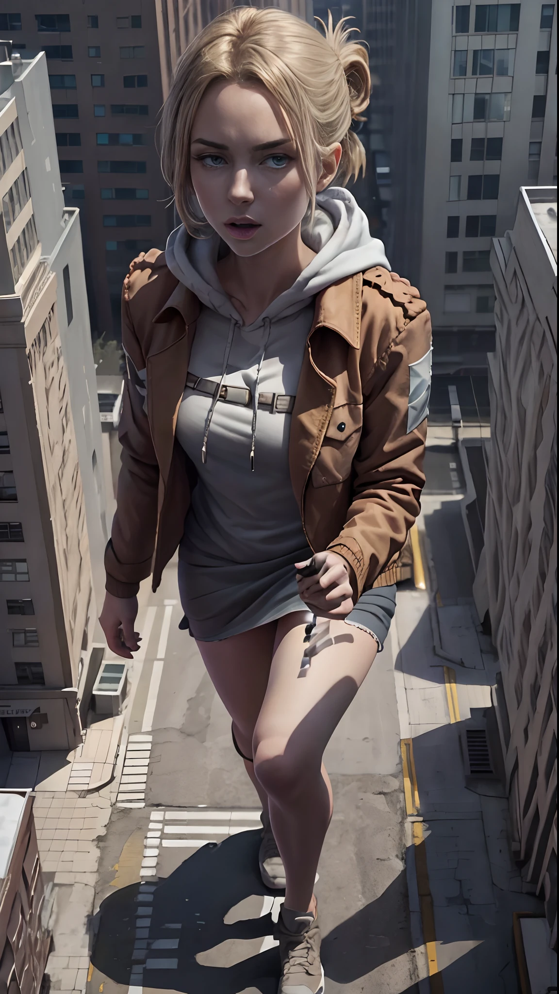 annie_leonhardt, giantess, big body, giant girl, 1girl, solo, looking at viewer, long sleeves, city background, closed mouth, jacket, upper body, open clothes, hood, grey background, open jacket, hoodie, hood down, brown jacket, white hoodie, paradis military uniform, walking in city, ((angle from top to bottom))