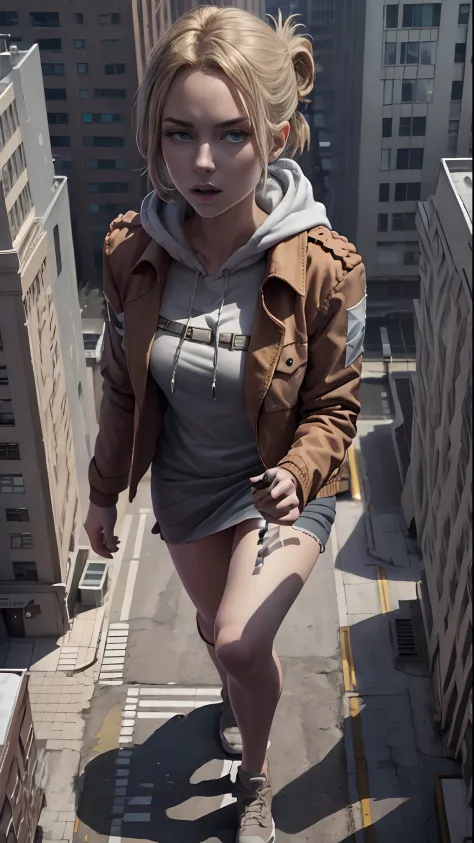 annie_leonhardt, giantess, big body, giant girl, 1girl, solo, looking at viewer, long sleeves, city background, closed mouth, ja...