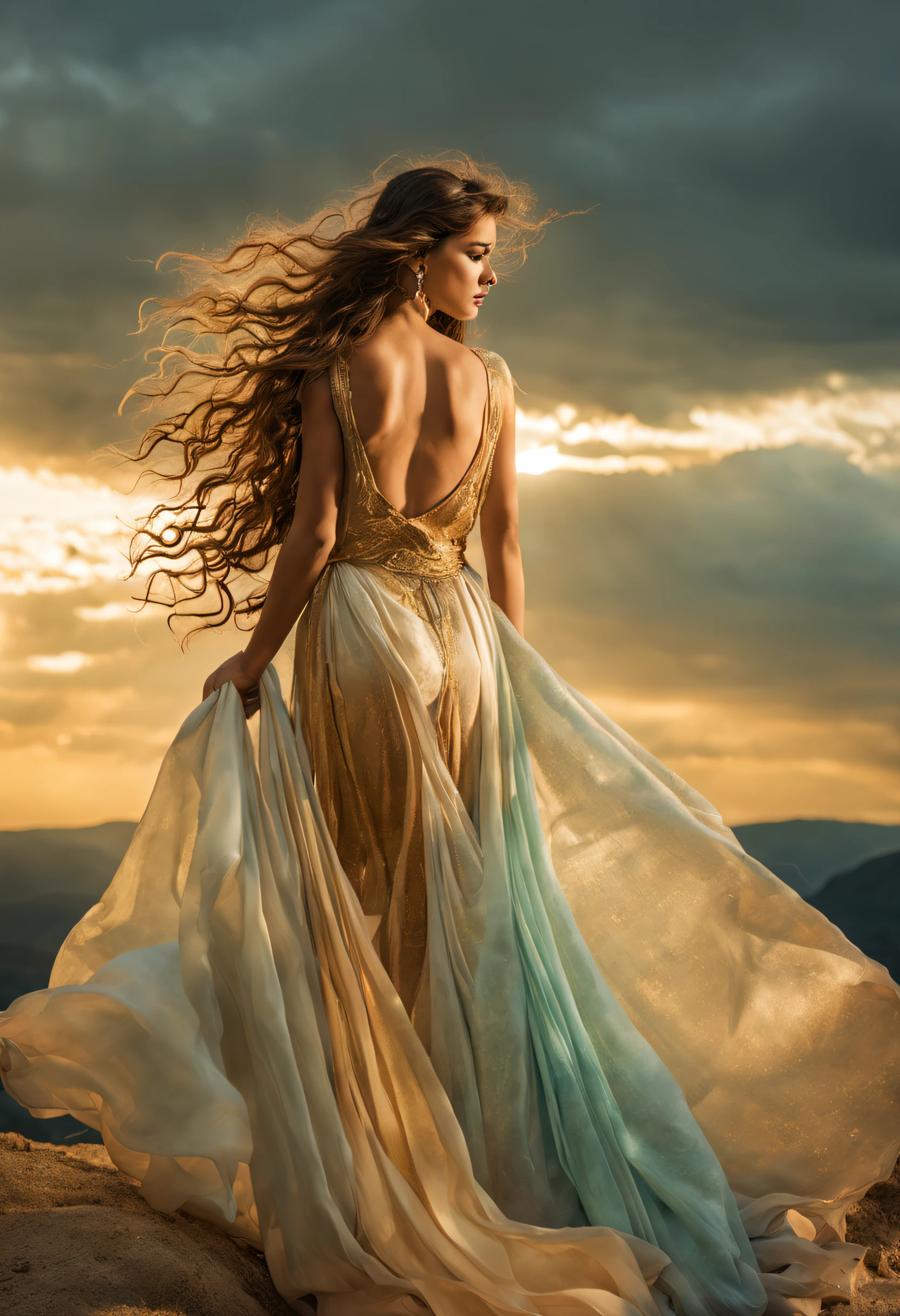 AFrodite, A Deusa do Amor e da Beleza, Fica alto e radiante no Monte Olimpo, The mythical house of the gods. Cercado por nuvens ondulantes, She exudes an irresistible charm, Her long flowing hair cascades in golden waves. The air is filled with a soft, brilho quente, As if touched by the gentle caress of the sun. Vestido de AFrodite, in shades of ethereal pastels, Shimmers with a subtle iridescence, Reflecting His Divine Grace, Fujicolor, F/2.8, 35 mm, canon, raios de deus, 16k, Premiado, best quality, master part