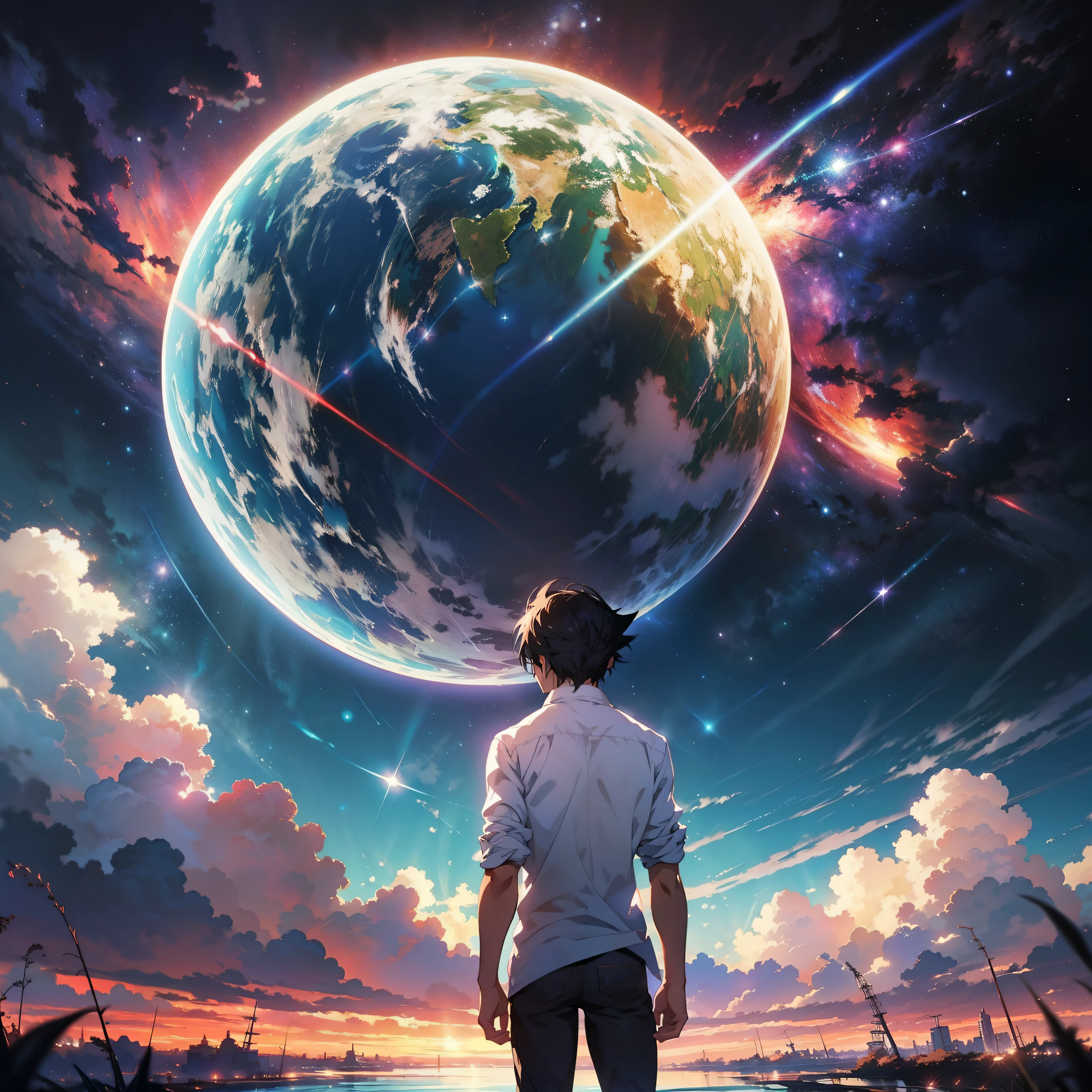 Anime - Scene style of a beautiful sky with a star and a planet, cosmic skies. por makoto shinkai, Anime Art Wallpaper 4K, Anime Art Wallpaper 4K, Anime Art Wallpaper 8K, 4k anime wallpapers, Anime Wallpaper 4k, Papel de parede anime 4k, anime sky, paper awesome wallpaper, Fundo do anime, heaven planet in background, arte de fundo do anime, Young man standing, cabelos pretos, Capuz vermelho,camisa branca, black jeans, blu sky.