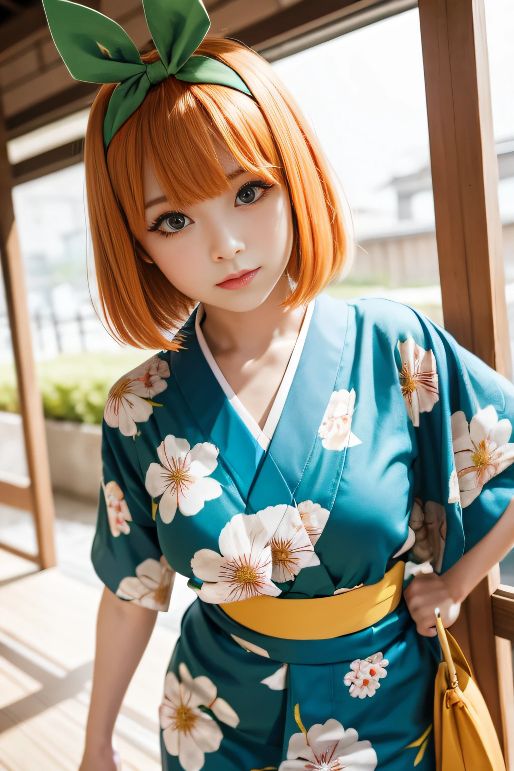 Nakano Yotsuba, curto_Cabelo, franja, azul_olhos, laranja_Cabelo, arco de cabelo, fita verde, Cabelo_Entre_olhos,cara séria, Quimono floral, Poses desagradáveis,