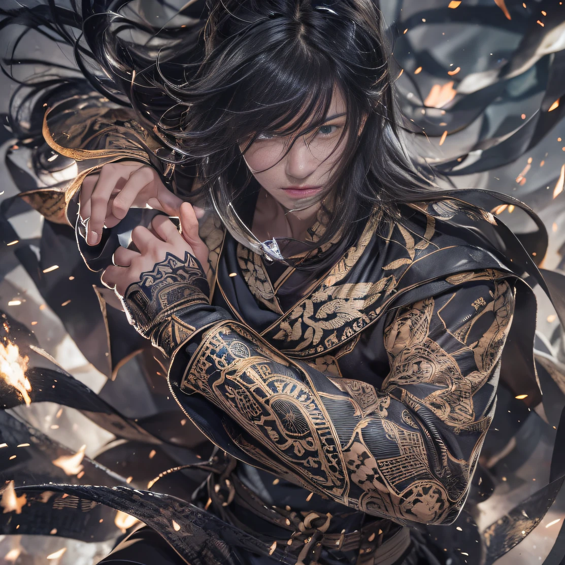 （ruins）eyes filled with angry，He clenched his fists，Rush up，Deliver a fatal blow to your opponent，full bodyesbian，Full Body Male Mage 32K（tmasterpiece，k hd，hyper HD，32K）Long flowing black hair，Campsite size，zydink， a color， patriot （ruins）， （Linen batik scarf）， Angry fighting stance， looking at the ground， Batik linen bandana， Chinese python pattern long-sleeved garment， （Abstract propylene splash：1.2）， Dark clouds lightning background，Flour flies（realisticlying：1.4），Black color hair，Flour fluttering，Background fog， A high resolution， the detail， RAW photogr， Sharp Re， Nikon D850 Film Stock Photo by Jefferies Lee 4 Kodak Portra 400 Camera F1.6 shots, Rich colors, ultra-realistic vivid textures, Dramatic lighting, Unreal Engine Art Station Trend, cinestir 800，Flowing black hair,（（（Male mage））），The male mage was furiou人s，