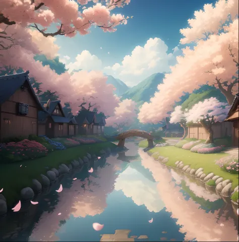 Masterpiece, best quality, (very detailed CG unity 8k wallpaper) (best quality), (best illustration), vibrant colors, Hayao Miyazaki style village vibrant colors petals floating in the air