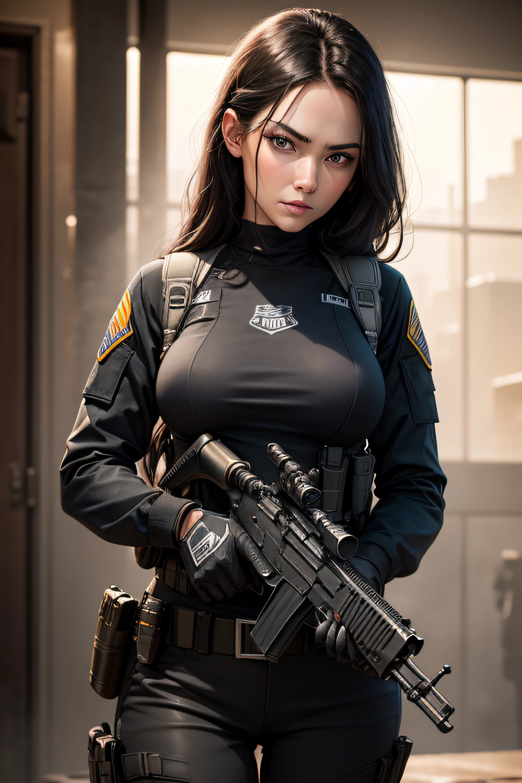 8K, Photorealistic, Raw photography, (top-quality;1.4), (One adult woman), Super beauty, (Lifelike face), Woman Holding a Handgun, Gray special forces costume, Filming, realistic shootout scenes from movies, Long black hair and blue eyes glaring at her, assassin,　enticing　Beautiful expression,　超A high resolution, hyper-realistic, real looking skin, Precise details of the Jericho 9mm, Workers,　Jumpy