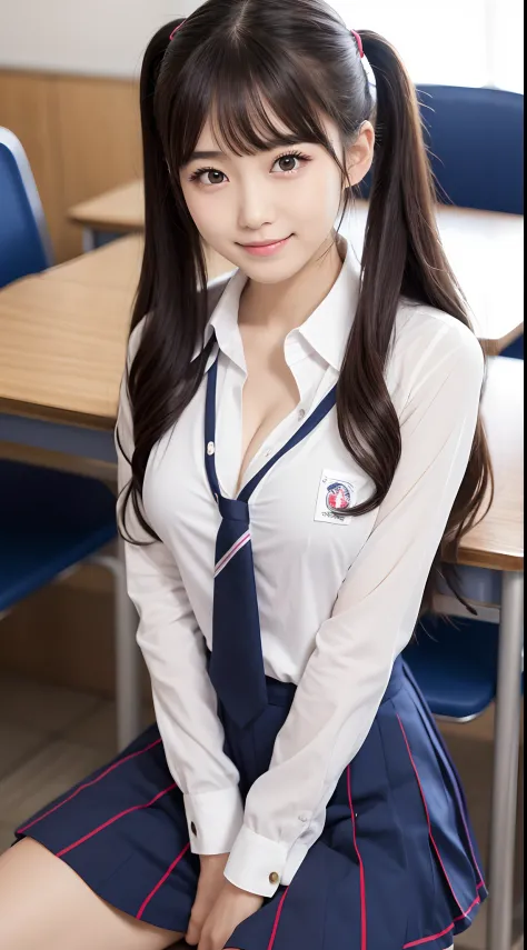 Best Quality, japanaese girl, 8K, Raw photo, top-notch quality, 1 beautiful Japanese girl, 18 years old,Japanese Idol, gals、twintails hairstyle、Curly hair、Tempting smile、Fluttering chest、tits out、Cleavage of、Emphasize、Overflow from uniform、Large breasts, (...
