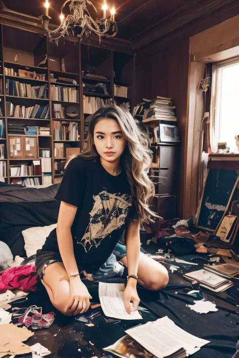 a girl with a disarrayed life, chaotic room,dark color scheme,overwhelming clutter,lots of papers and books,random objects scattered around,a chaotic atmosphere,messy bed,disheveled clothing,books piled up,creative chaos,vibrant colors,bright lighting