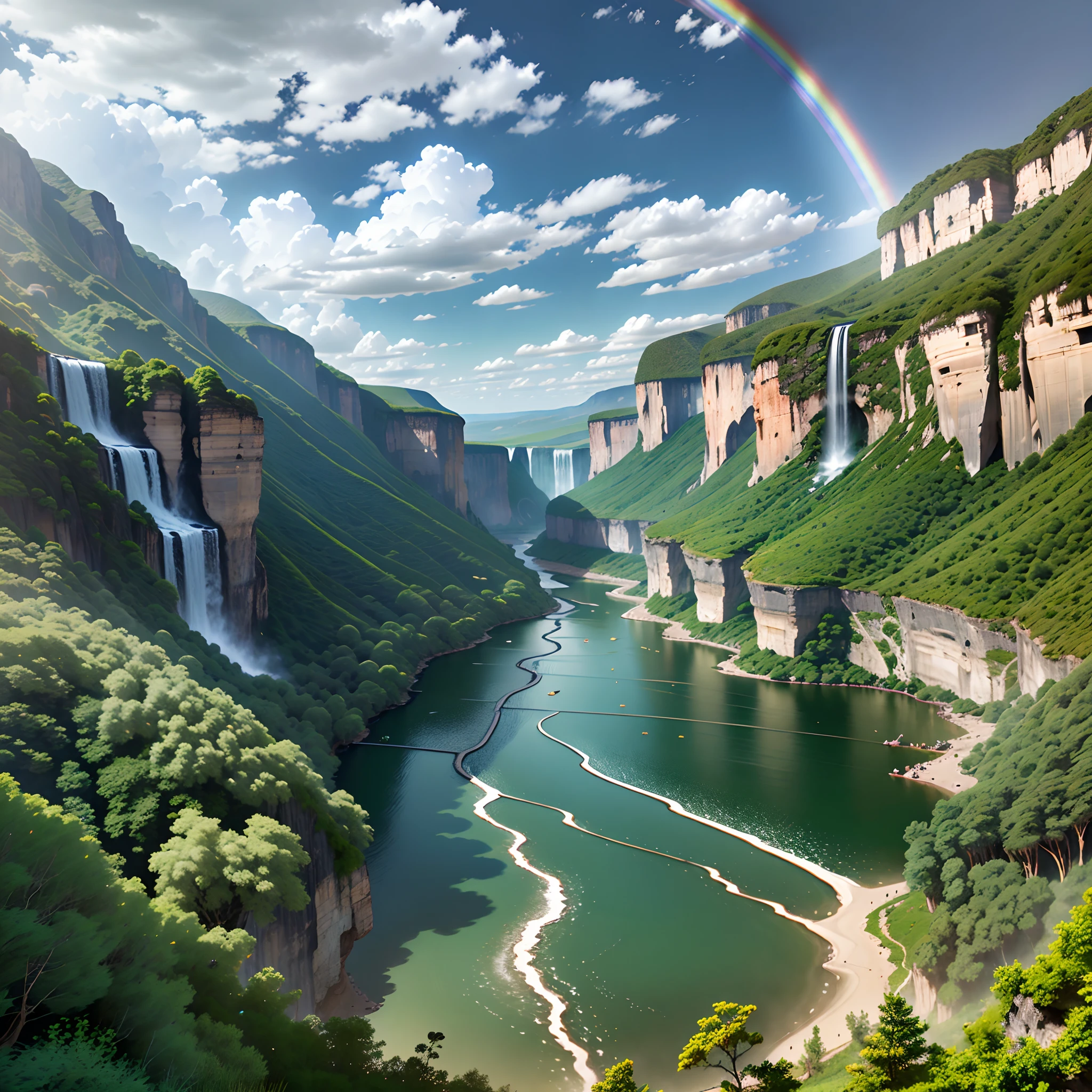 In a gorge with green hills on both sides,A wide river below,(Huangguoshu Waterfall at the top of the canyon:1.3),(Spectacular waterfall:1.2),(A beautiful rainbow in the middle of the waterfall:1.4) ,Ultimate view,(At the top of the cliff stood a man in a wingsuit),There are birds in the sky,with blue sky and white clouds, sunny clear sky, The boat is on the river, Realisticstyle, Photo level,8K,Highest image quality, Super detail