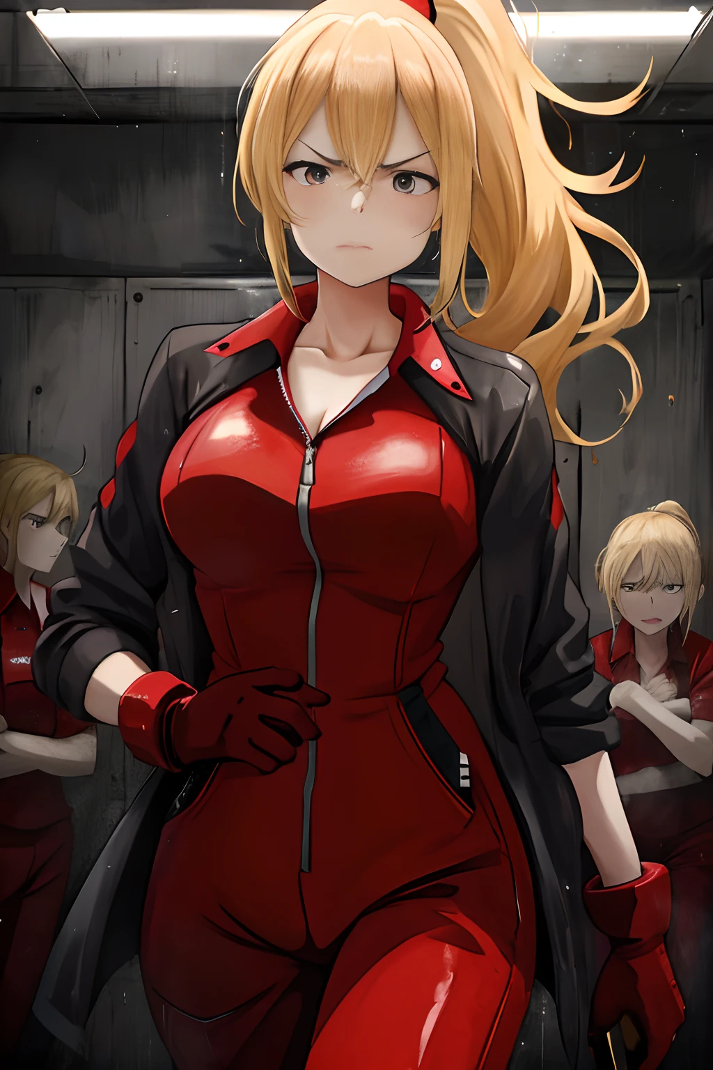 Blonde woman with ponytail, Wearing a red jumpsuit, In a dark cell, Angry and nervous expression, Soaked all over