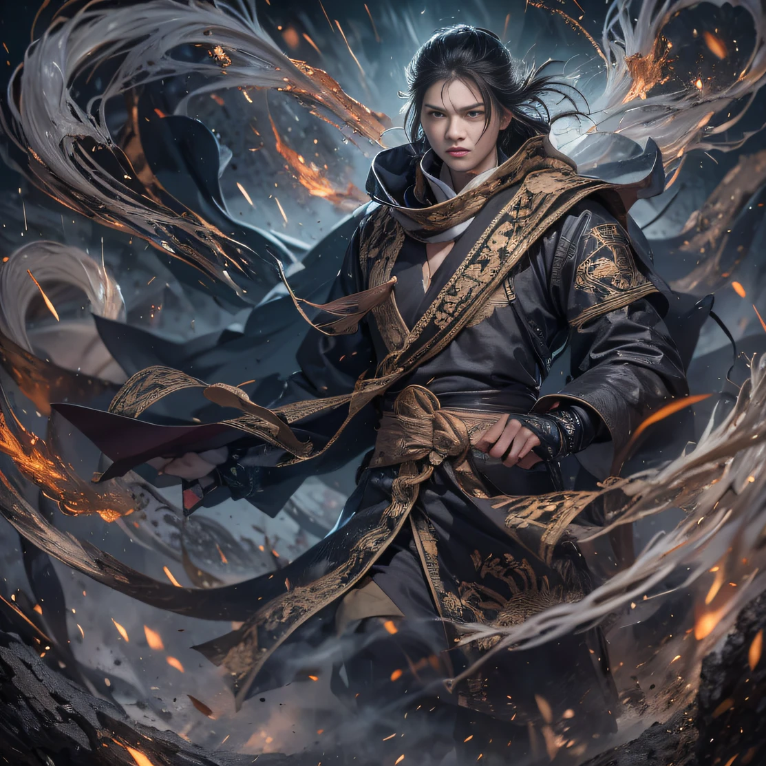 （末日核ruins）eyes filled with angry，He clenched his fists，Rush up，Deliver a fatal blow to your opponent，full bodyesbian，Full Body Male Mage 32K（tmasterpiece，k hd，hyper HD，32K）Long flowing black hair，Campsite size，zydink， a color， patriot （ruins）， （Linen batik scarf）， Angry fighting stance， looking at the ground， Batik linen bandana， Chinese python pattern long-sleeved garment， （Abstract propylene splash：1.2）， Dark clouds lightning background，Flour flies（realisticlying：1.4），Black color hair，Flour fluttering，Background fog， A high resolution， the detail， RAW photogr， Sharp Re， Nikon D850 Film Stock Photo by Jefferies Lee 4 Kodak Portra 400 Camera F1.6 shots, Rich colors, ultra-realistic vivid textures, Dramatic lighting, Unreal Engine Art Station Trend, cinestir 800，Flowing black hair,（（（Male mage））），The male mage was furiou人s，