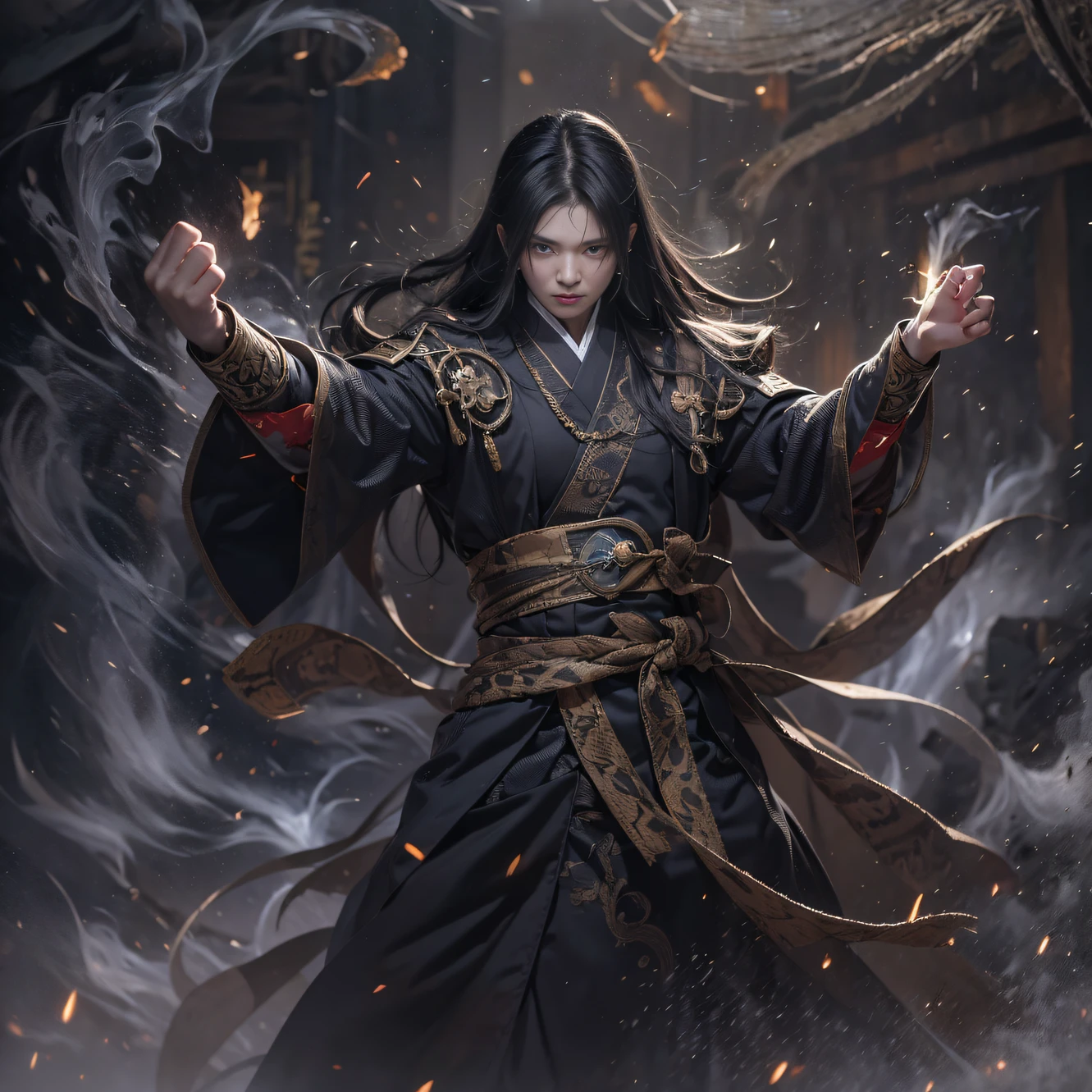 （末日核Waste墟）eyes filled with angry，He clenched his fists，Rush up，Deliver a fatal blow to your opponent，full bodyesbian，Full Body Male Mage 32K（tmasterpiece，k hd，hyper HD，32K）Long flowing black hair，Campsite size，zydink， a color， patriot （Waste）， （Linen batik scarf）， Angry fighting stance， looking at the ground， Batik linen bandana， Chinese python pattern long-sleeved garment， （Abstract propylene splash：1.2）， Dark clouds lightning background，Flour flies（realisticlying：1.4），Black color hair，Flour fluttering，Background fog， A high resolution， the detail， RAW photogr， Sharp Re， Nikon D850 Film Stock Photo by Jefferies Lee 4 Kodak Portra 400 Camera F1.6 shots, Rich colors, ultra-realistic vivid textures, Dramatic lighting, Unreal Engine Art Station Trend, cinestir 800，Flowing black hair,（（（Male mage））），The male mage was furiou人s，