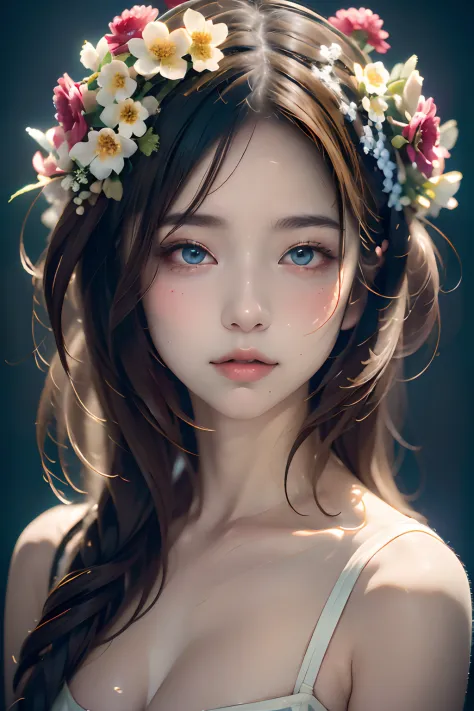 In a beautiful surreal portrait, Curious woman appears wearing a top hat decorated with flowers on her head、(((Top hats are deco...