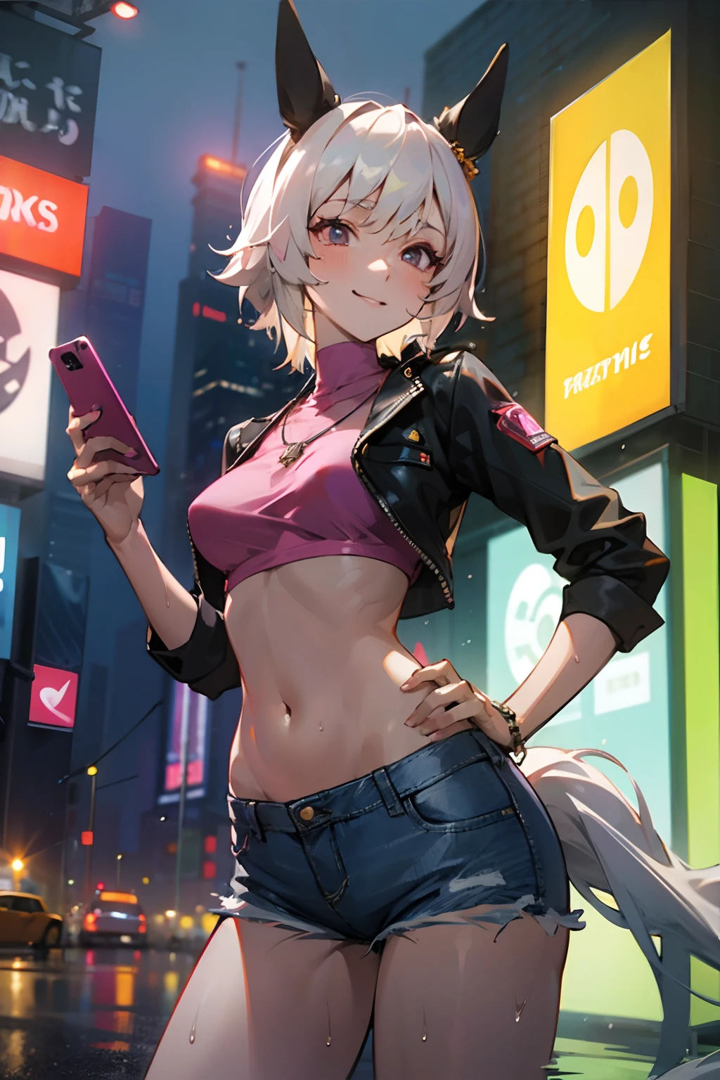 nsfw, masterpiece, 1 girl, , navel, intricately detailed, topless, new york times square, night, neon lights, crossing, crowd, navel, necklace, holding smartphone, denim shorts, smiling, extremely detailed, photorealistic, octane render, 8 k, unreal engine. horse ears, horse tail, bare breasts, bare stomach, sweaty, people on background, heavy breathing, raining, puddle, wet body, hand on hips