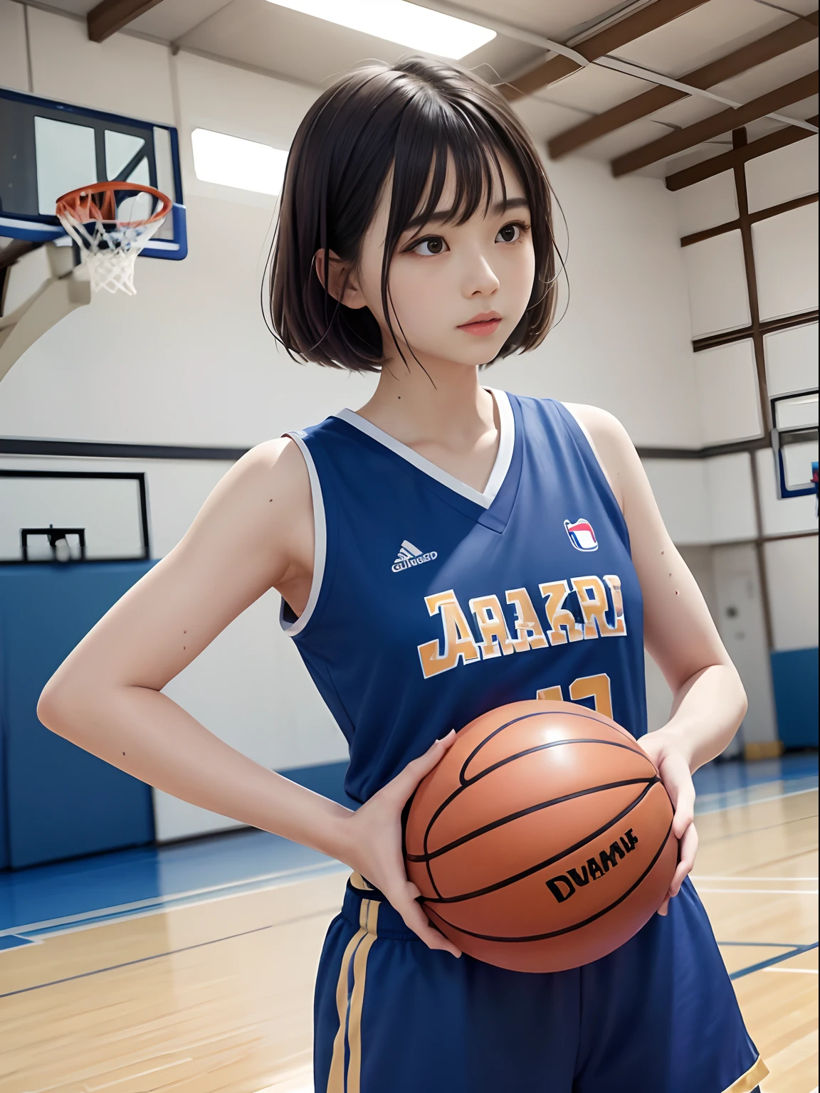 高品质、现场录制、１女孩、日本女孩、一个美丽的女孩、偶像、12岁、埃斯曼尼姆、7头身躯、棕色鲍勃发型、刘海、眼睛下垂、((篮球服))、在篮球比赛期间、高级出汗、制服被汗水浸湿、篮球场馆、(((罚球时刻)))、女孩盯着篮子环、侧面角度、从下往上看、