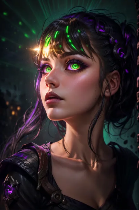 ((close-up portrait of a girl with green eyes)), with glowing purple eye light, violet luminous rays, dark fantasy portrait, por...