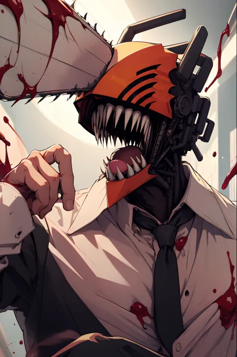 (masterpiece, best quality:1.2), solo, male focus, 1boy, chainsaw man, chainsaw, sharp teeth, open mouth, tongue, white collared shirt, (blood_on_clothes:1.2), black necktie, black pants