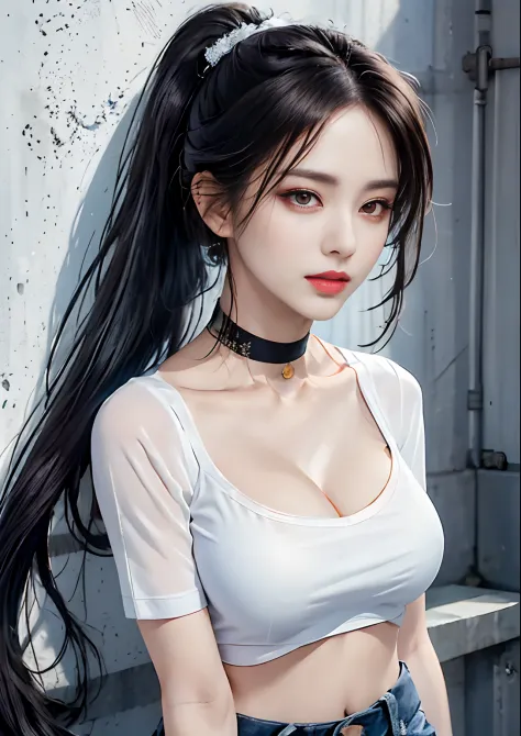 (masterpiece, best quality, 1girl, solo, intricate details, chromatic aberration), (realistic),(skin),1girl shizuku high ponytail, ((medium breath)),(black hair,blunt bangs),detailed hair, red head ornament, blue highlights, hair over one eye,red eyes, sha...