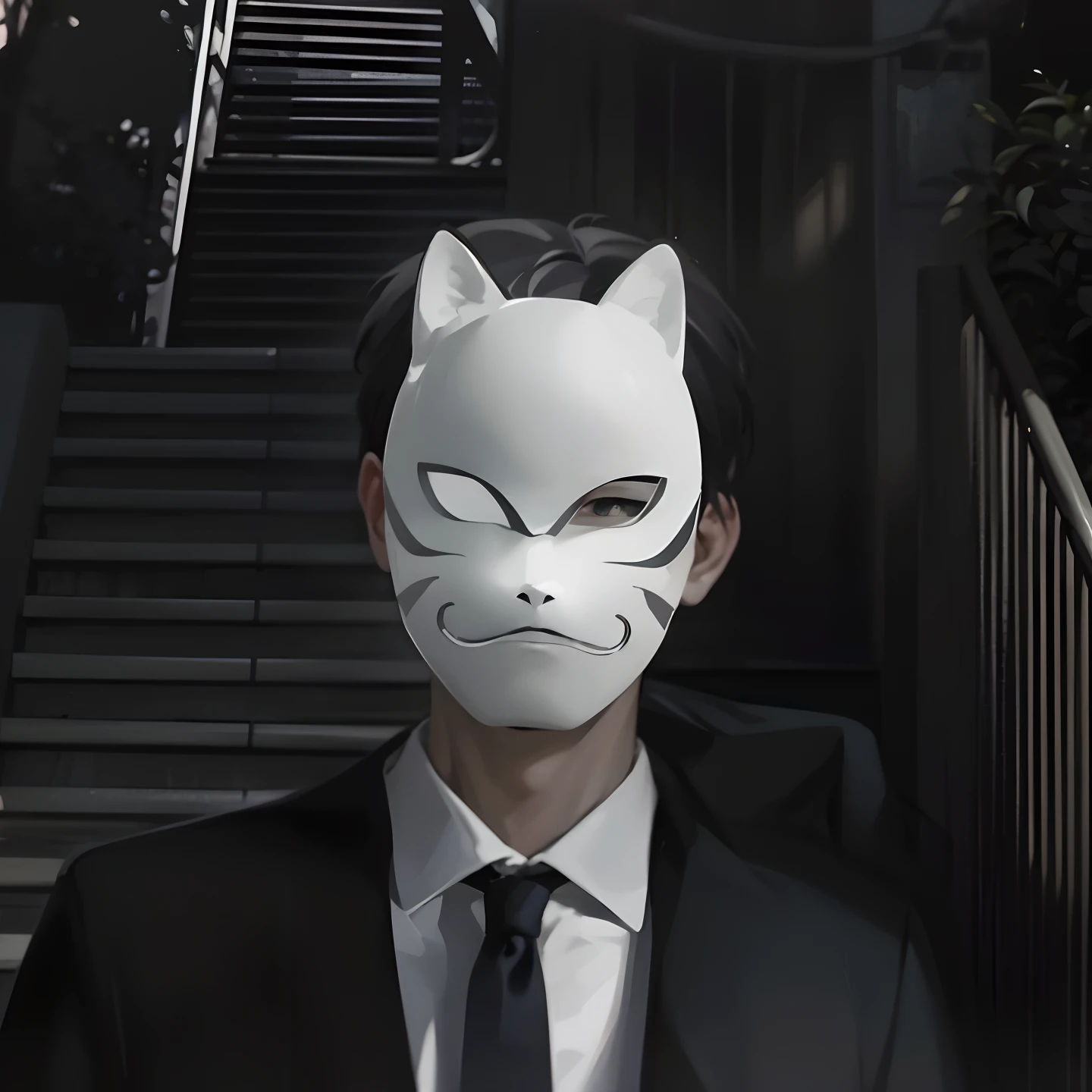 arafed man in a suit and tie wearing a white cat mask, with kitsune mask, wearing a kitsune mask, kitsune mask, kitsune mask on head, white mask, catman, inspired by Kanō Naizen, ghost mask, inspired by Shinji Aramaki, white fox anime, full mask, masked, nekomimi, ultra detail, realistic